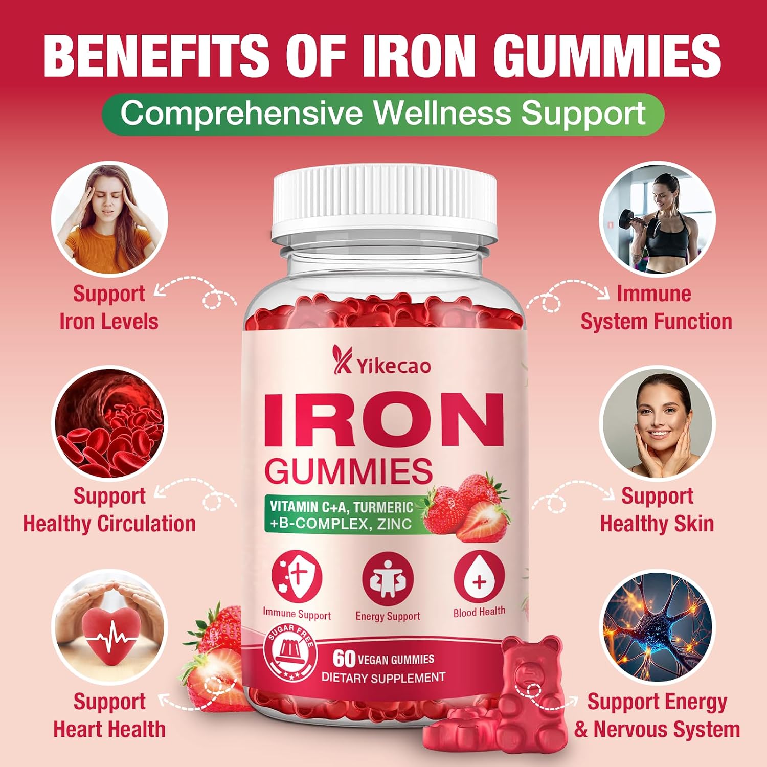 2 Pack Vegan Iron Gummies, Iron Supplement for Women & Men, with Vitamin C, A, B-Complex, Folate, Zinc, and Biotin, Strawberry Flavor, 120 Count