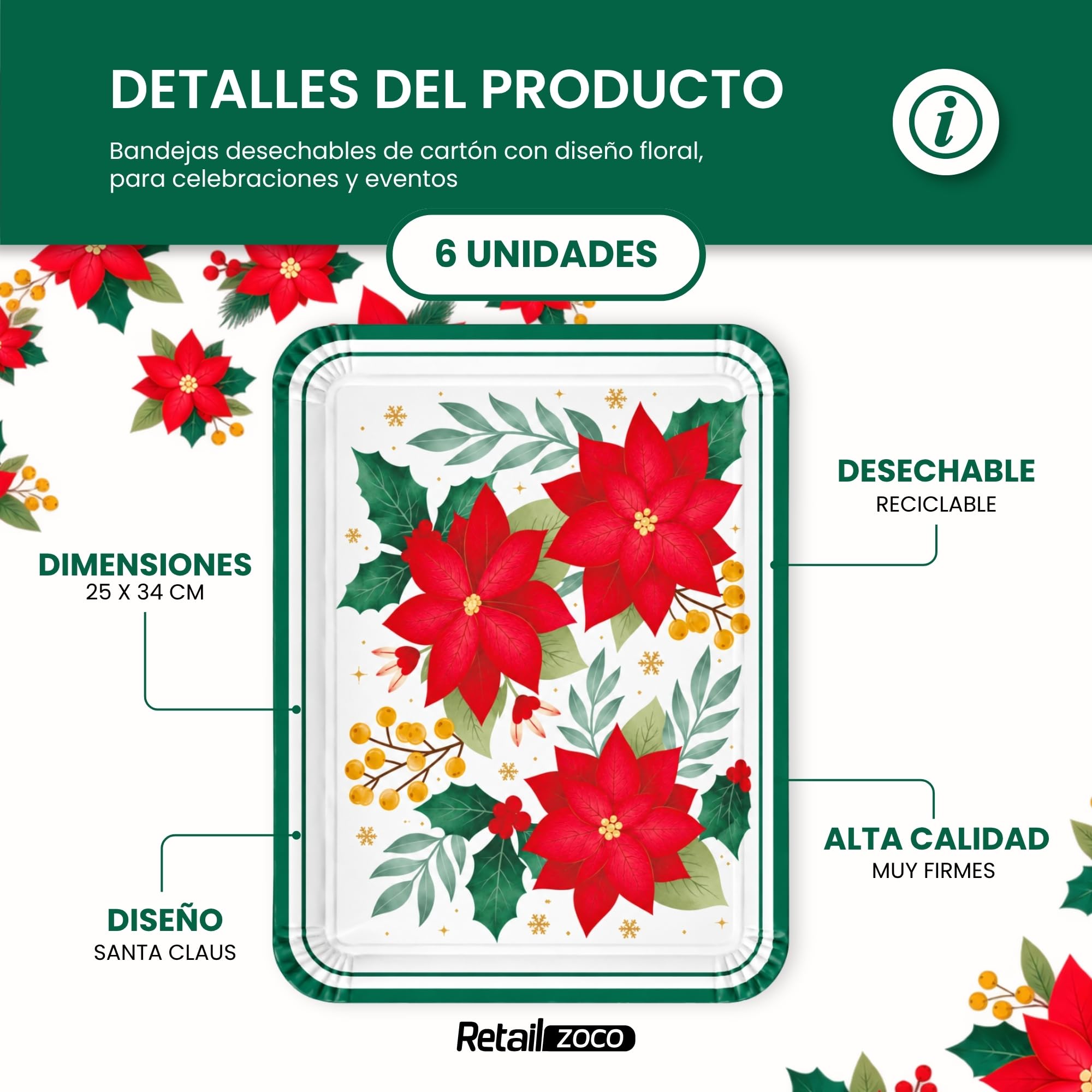 Bandejas de Cartón para Servir, Diseño Floral, 6 Unidades - imagen 6