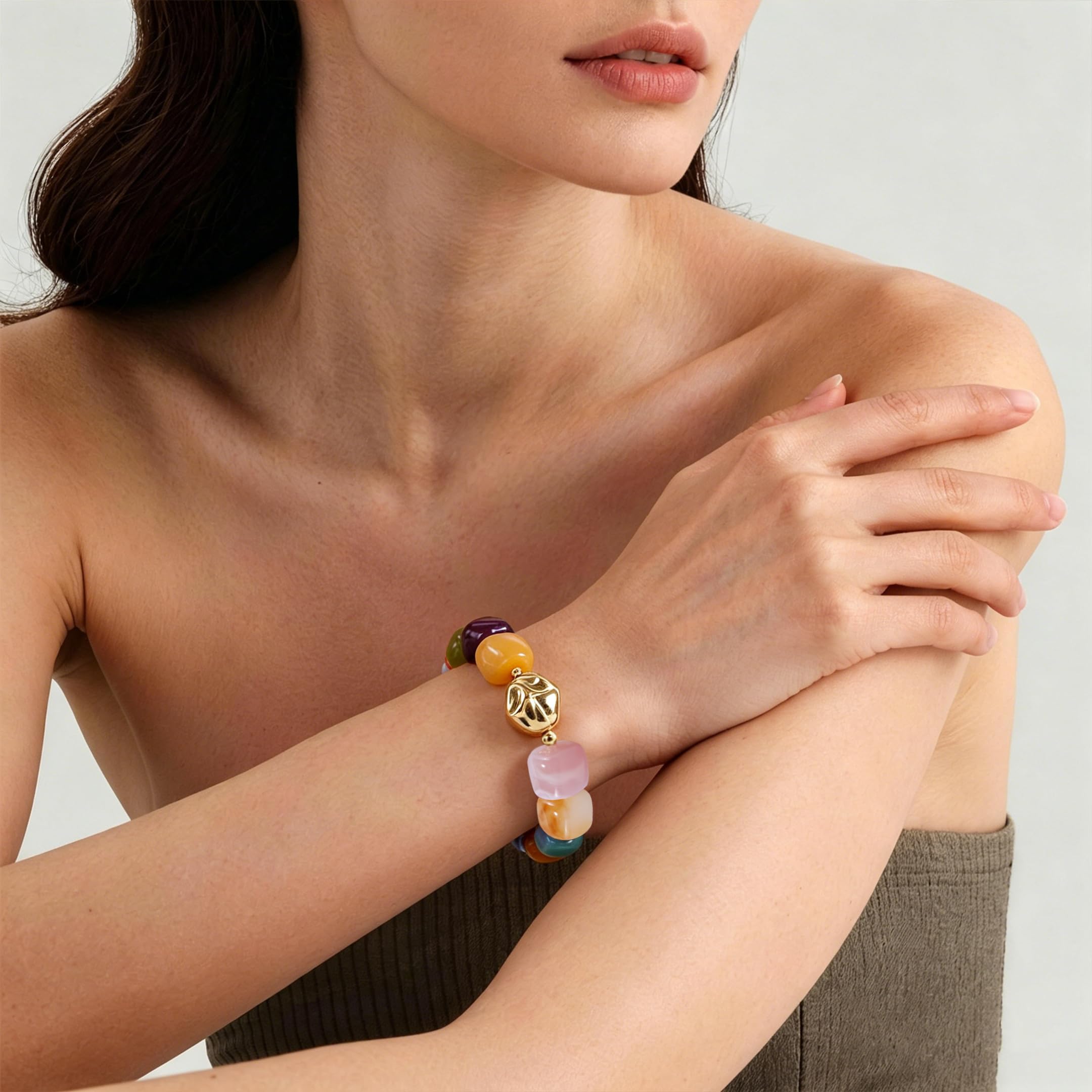 Braccialetto con perline grosse da donna, multicolore, con grandi perline in resina acrilica, elastico e allungabile, braccialetti alla moda e di tendenza, gioielli boho per vacanze estive al mare.