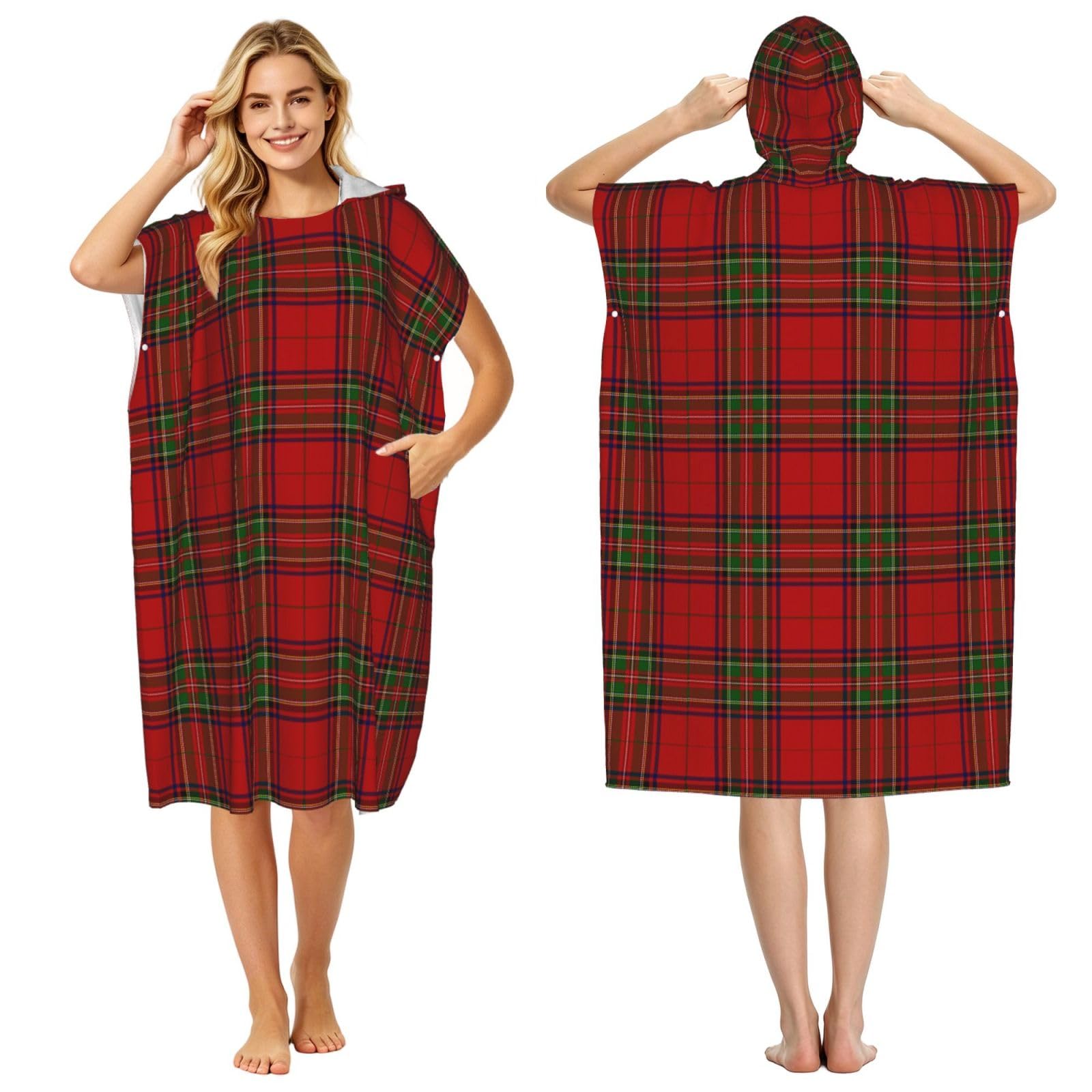 Poadnly Red Scottish Pattern, Adult Hooded Beach Towel 90 x 110 cm,Changing Bath Robe, Surf Poncho Towel For Women Men