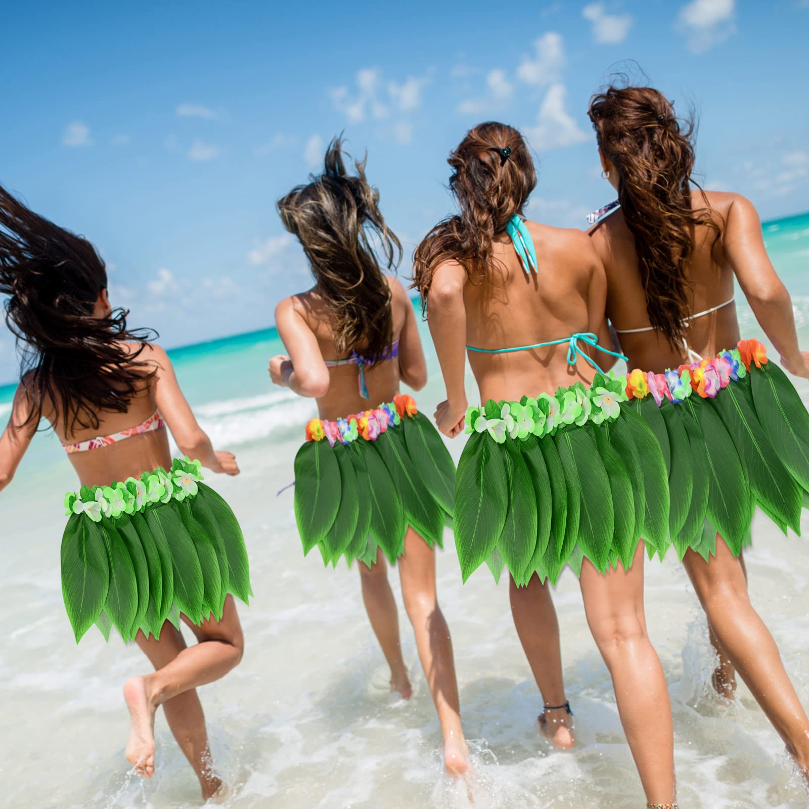 2 Pièces Déguisement Hawaïen Hula Jupe Feuilles Fleur Jupe Hibiscus Fleurs Feuille Herbe Jupe pour Adultes Femmes Hommes Élastique Hawaï Jupe pour Costume Summer Beach Hawaiian Luau Tiki Party