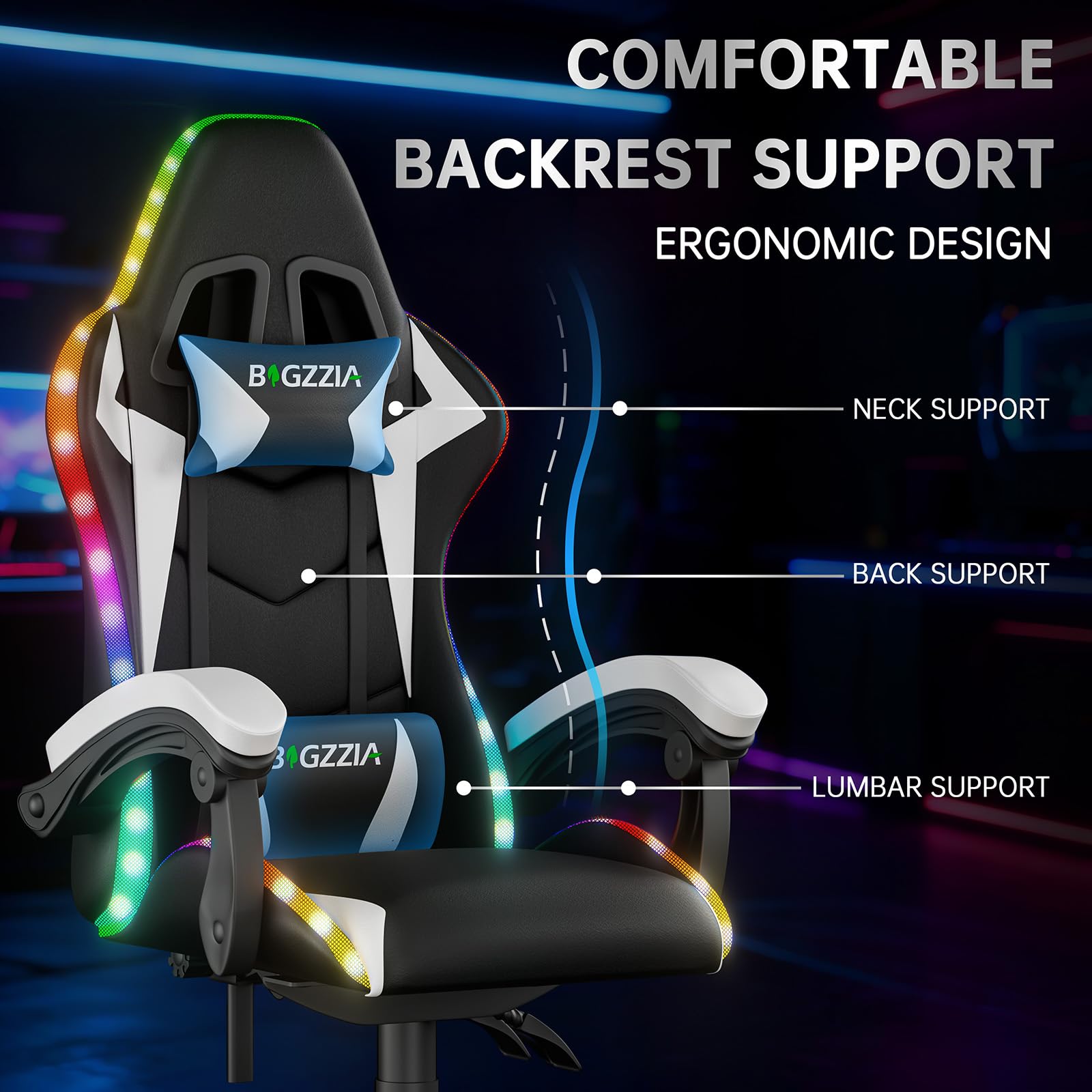 Silla de juegos con luces LED, silla reclinable ergonómica con luces RGB, reposacabezas ajustable y soporte lumbar, silla de oficina de piel sintética para computadora, altura e inclinación
