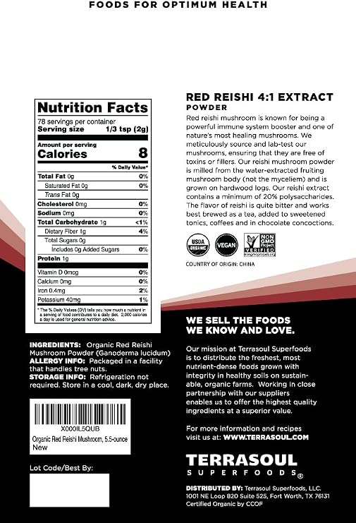 Terrasoul Superfoods Organic Reishi Mushroom Powder (4:1 Extract), 5.5 Oz, Immune Support, Stress Relief, Better Sleep, Embrace the Power of Adaptogenic Mushrooms