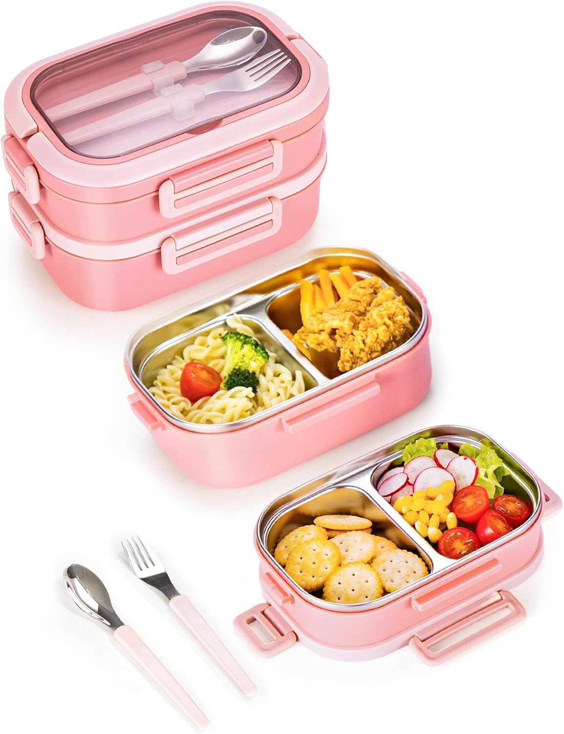 Lille Home Stackable Lunch Box, 2 Tier Stainless Steel Bento Lunch Box, 56oz Large Capacity Leakproof Lunch Containers, 4-Compartment Lunch Box with Utensils for Meal Prep, Work, Picnic(Pink)