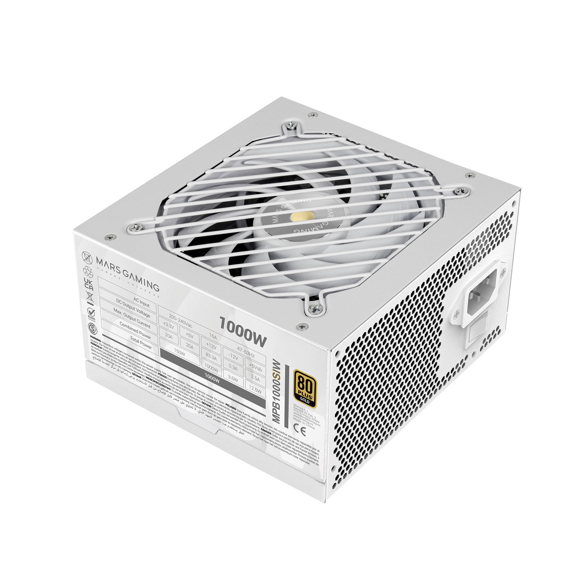 Mars Gaming MPB1000SI, PC ATX Netzteil 1000W, 7 Jahre Garantie, 80Plus Gold 90%, SI Extreme Silence Lüfter mit Kupfer- und Aluminiumkern, AI2-RPM-, DC-DC- und SMD-Technologien, Weiß
