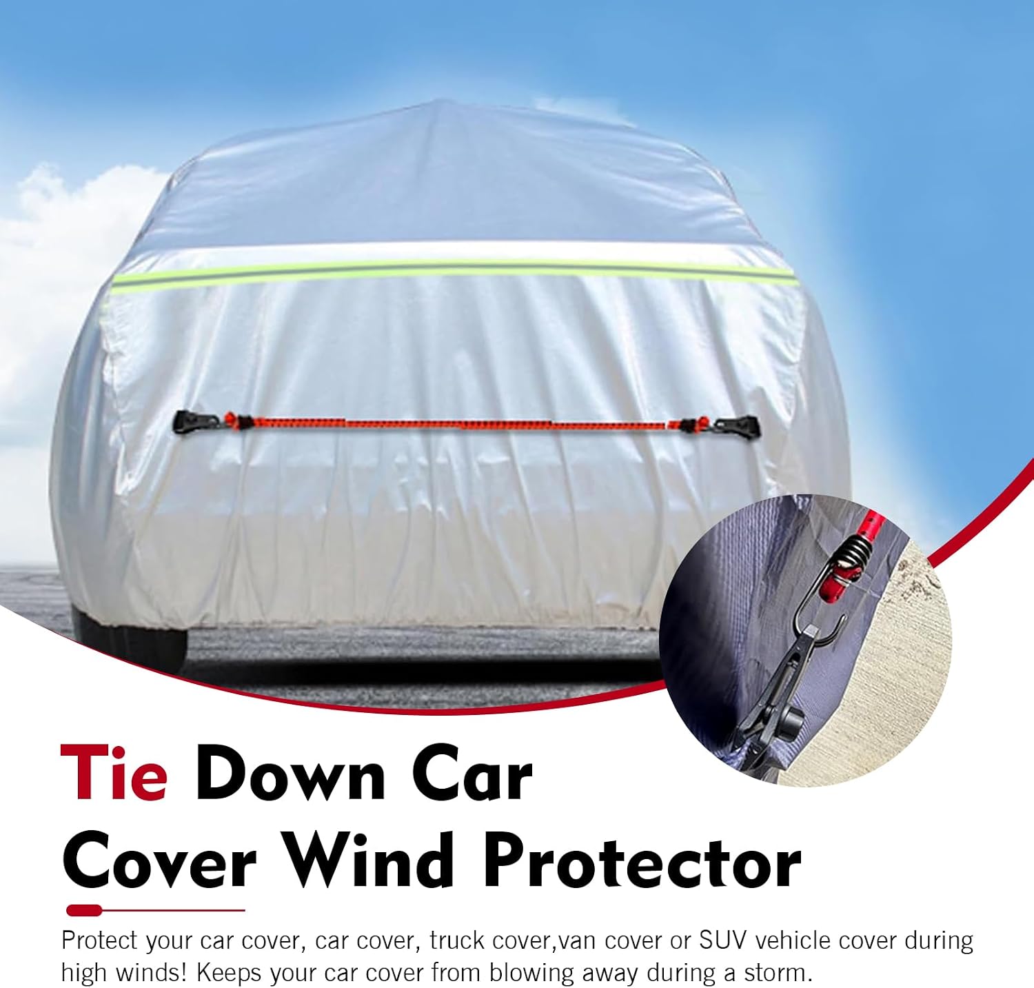 2 PCS 78.74" Car Cover Gust Straps with 4 Clips, Heavy Duty Elastic Car Cover Bungee Cords, Windproof Anti-Blow Tie-Down Kit, Universal for Cars, SUVs, Trucks (Red)