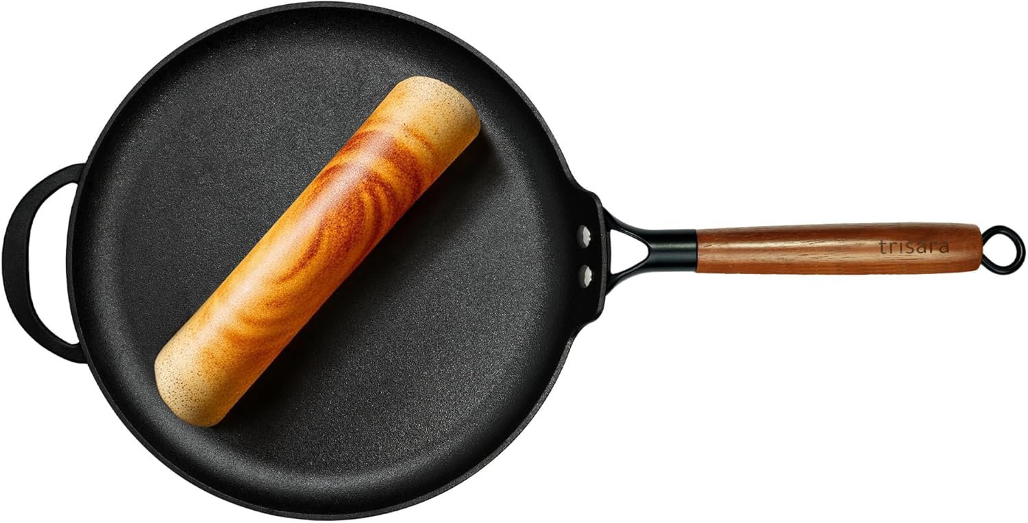 Trisara Heritage 26 cm Cast Iron Dosa Tawa with Wooden Handle | Pre-Seasoned with 100% Vegetable Oil | Tawa for Making Dosa/Uthappam/Pancake | Induction and Gas Stove Compatible