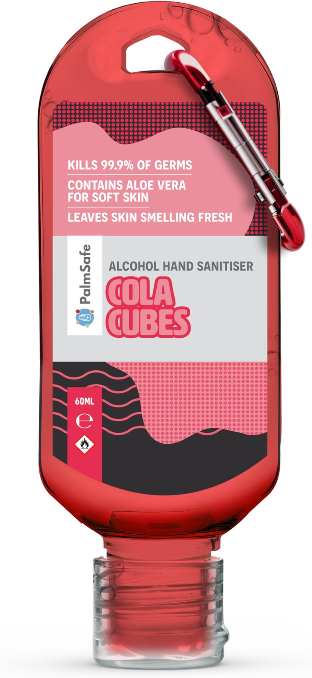 Palm Safe Cola Cubes 60ml Anti Bacterial Premium Hand Sanitiser Travel Size Refillable Clip Bottle Quick Drying Non Sticky Extra Moisturising Kills 99.9% of Viruses and Bacteria