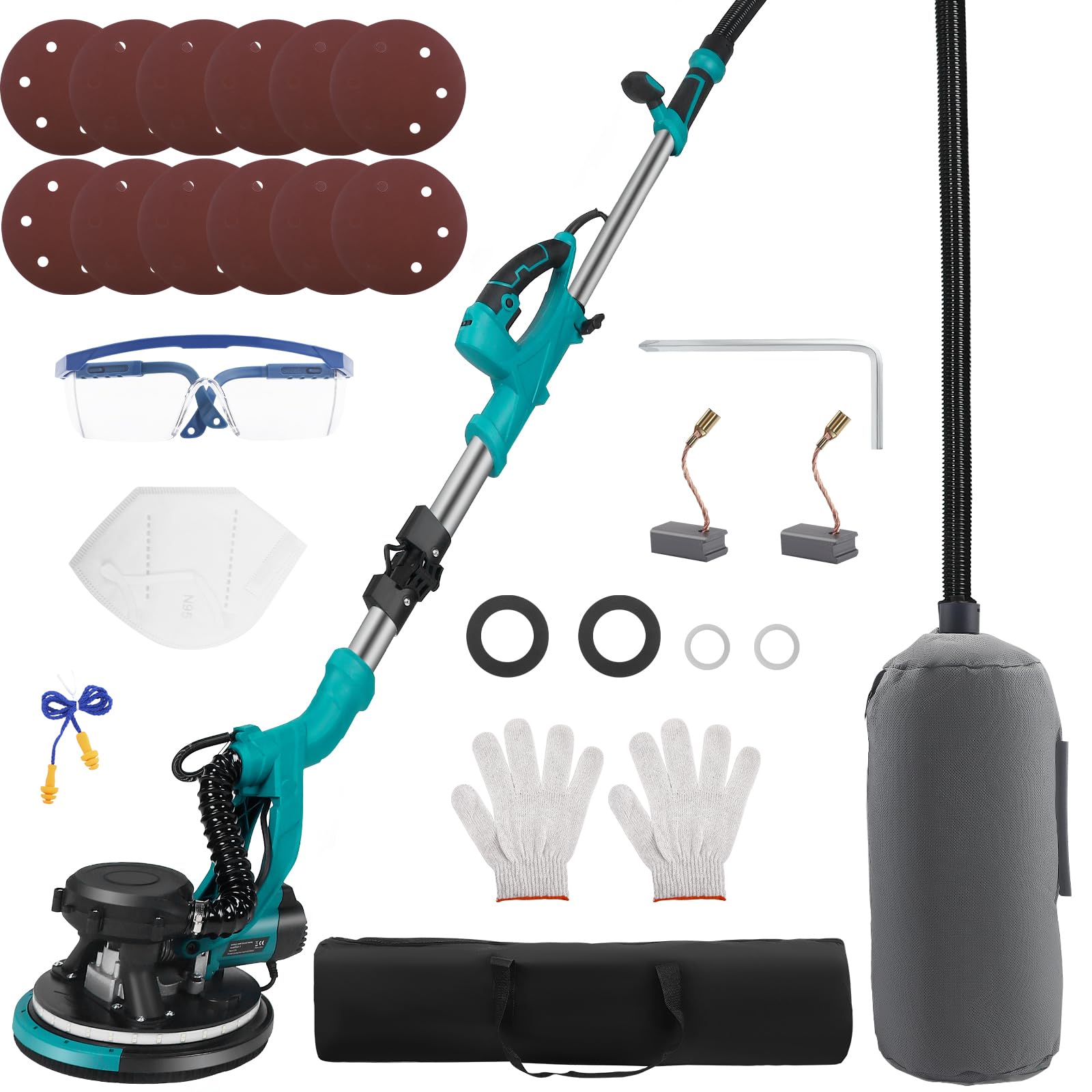 Levigatrice per Muro 850W con Giraffa Telescopica, 5 Velocità Regolabili (800-2100 giri/min), Testa di Rettifica Ø 215mm Inclinabile a 90° e Luce LED
