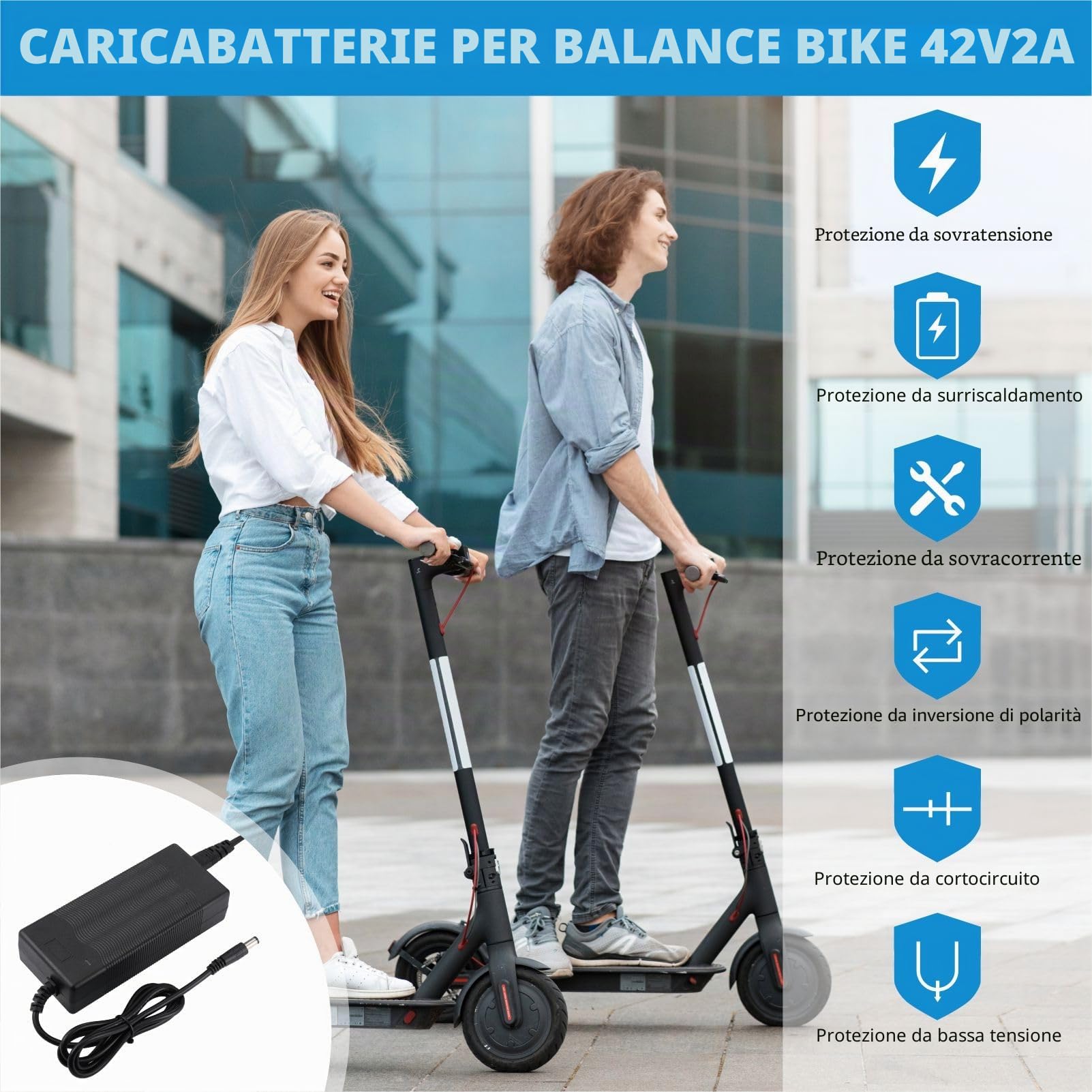 JIZZU Caricatore Monopattino Elettrico, 42V 2A AC Adattatore Hoverboard, Caricatore di Alimentazione Universale con 6 Connettori per Scooter Elettrici, Scooter per Equilibrio, Drifting Board
