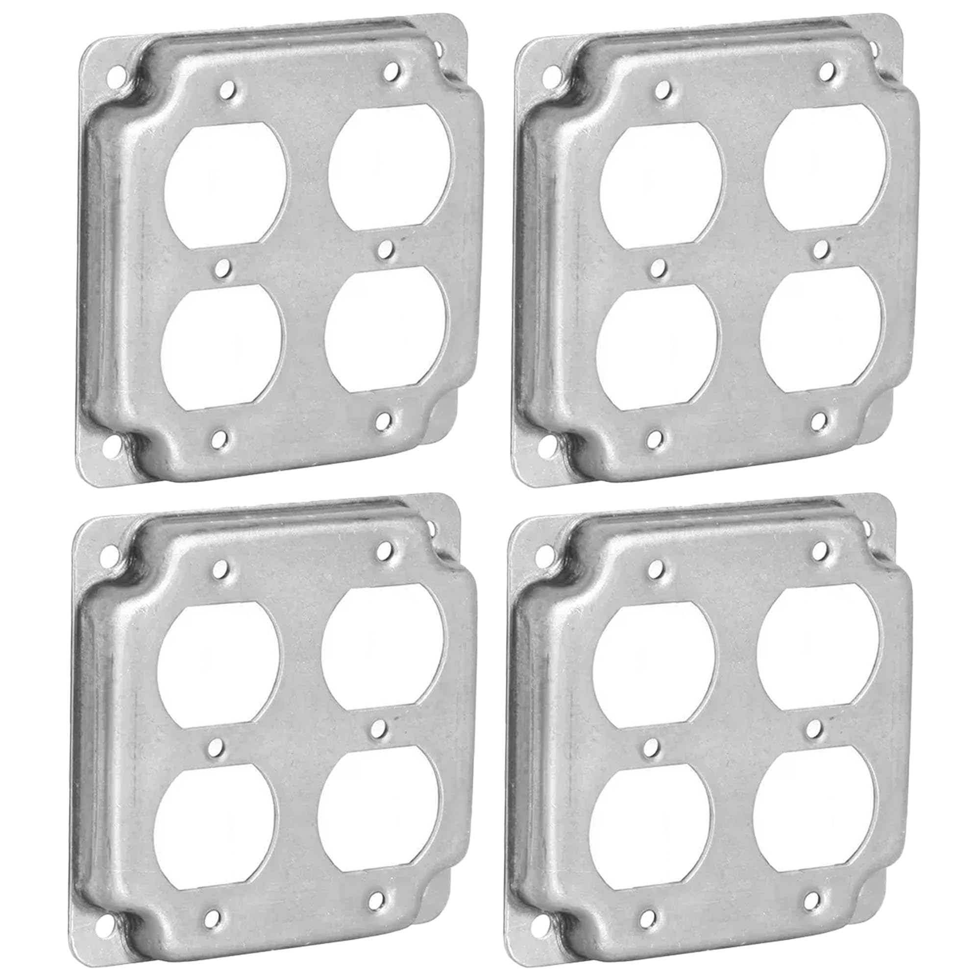 (Pack of 4) 4" Square Double Duplex Receptacle Electrical Box Cover, 1/2" Raised, Exposed Work, Galvanized Steel, Crushed Corners, 2-Gang