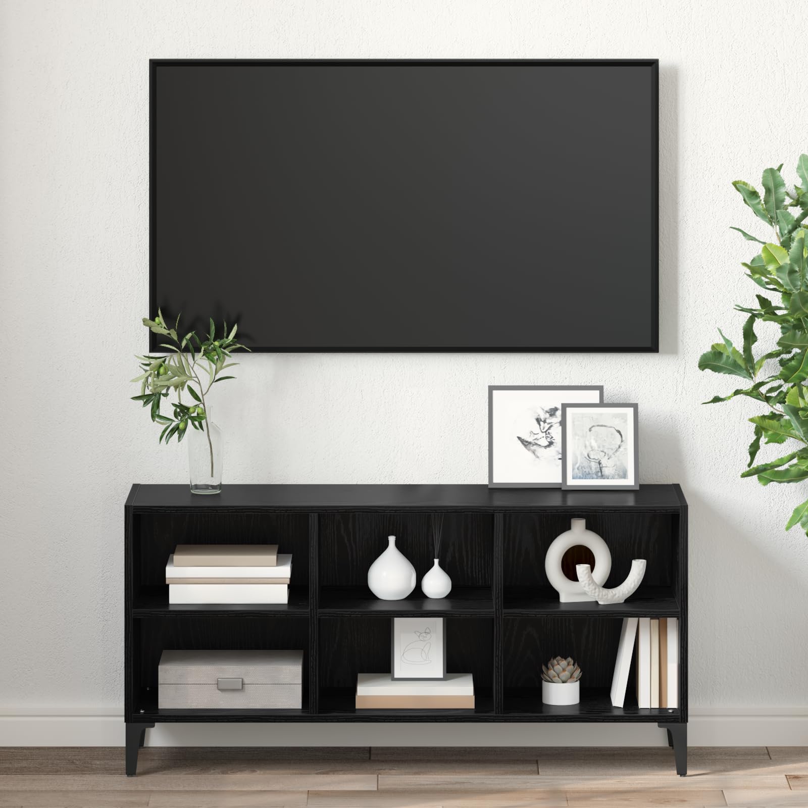 Black Oak TV Stand with Storage | Modern entertainment center features open shelves for media players and gaming consoles in the living room.