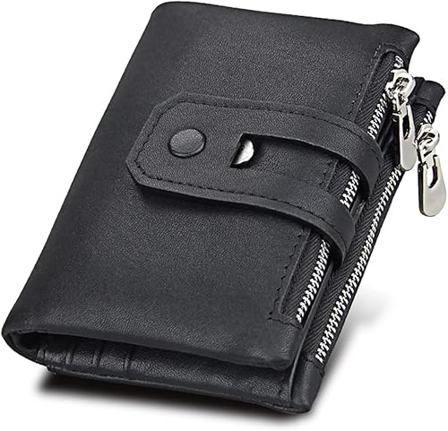 Cartera de cuero genuino para hombres RFID bloqueo plegable con bolsillo para monedas, billetera de seguridad con cremallera, Negro 01, Cartera de