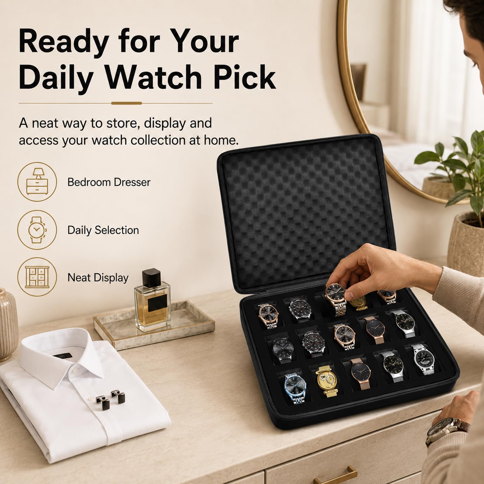 Comecase 15 Slot Watch Travel Case for Men Women, Portable Watch Organizer view 7