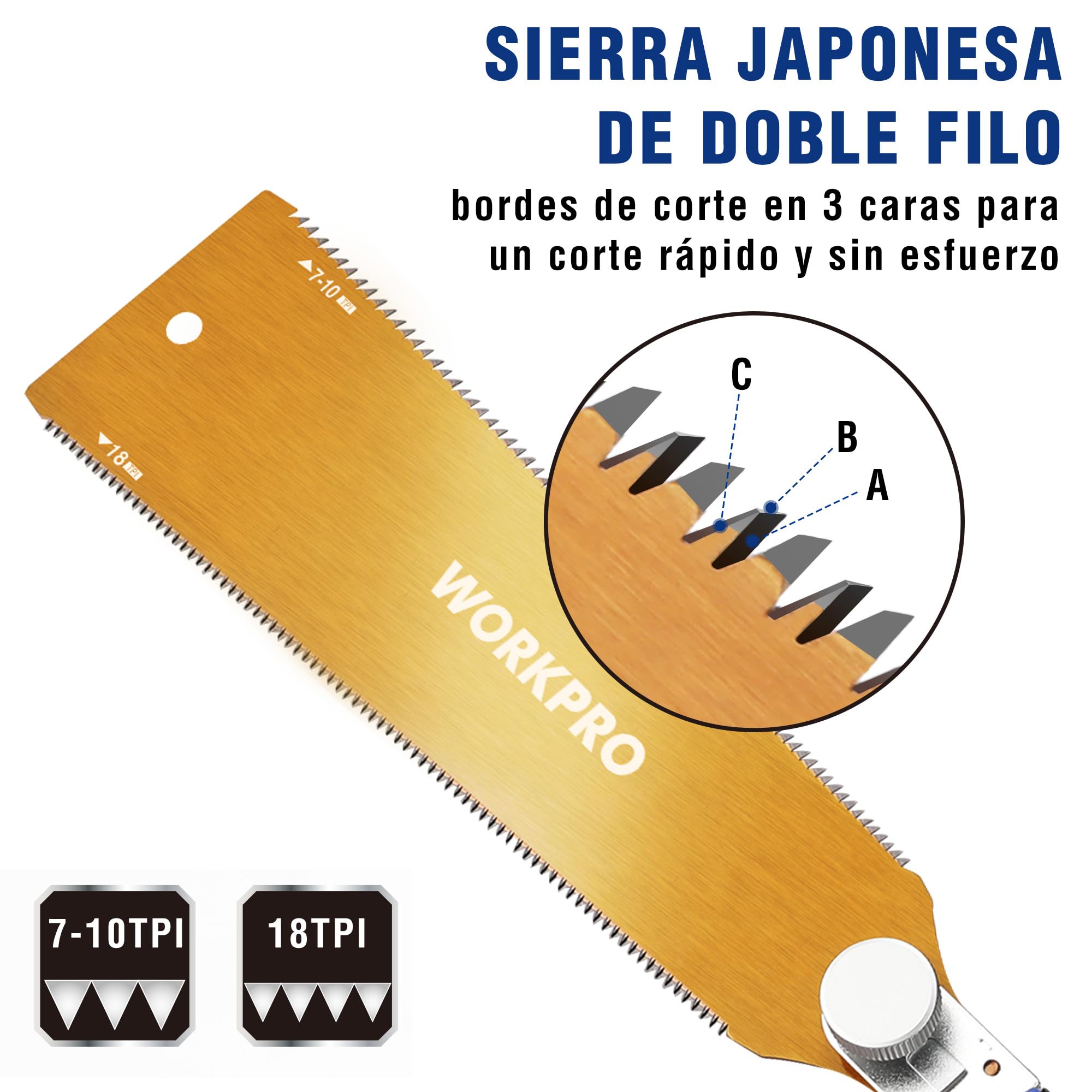 WORKPRO Sierra Japonesa de 250 mm, Sierra de Doble Filo 18TPI/7-10TPI, Hoja SK5 Flexible y Reemplazable, Sierra Madera con Mango Ergonómico de Haya, Perfecta para Carpintería y Trabajos de Madera