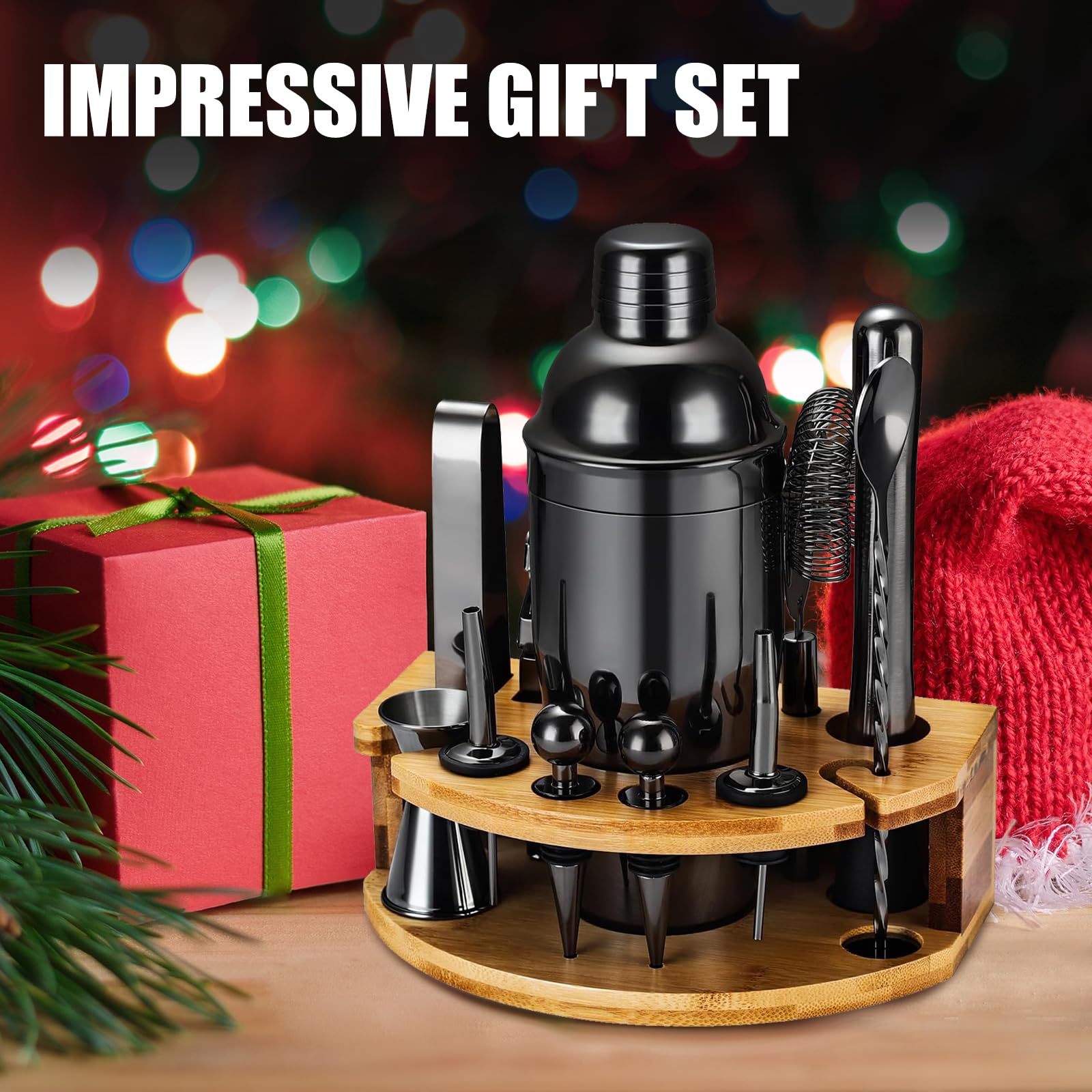 AOKITO Cocktail Shaker Set, 12 Teiliges Edelstahl Cocktail Bar Set Barzubehör, 750ml Cocktailshaker, Barkeeper Zubehör Set, Cocktails Mixer Set, mit Holzständer für Zuhause Oder die Bar, Cocktailbuch