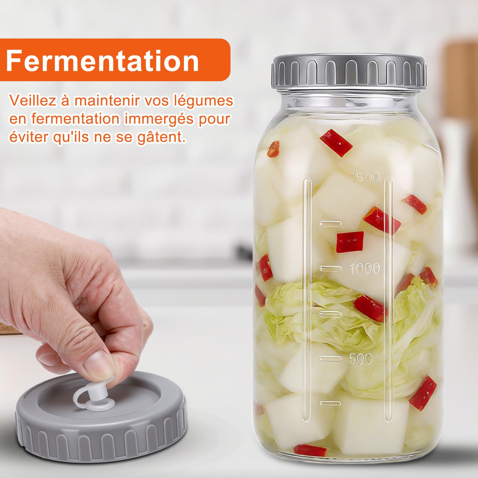 2 Pièces Bocaux de Fermentation de 1L, Bocal Fermentation en Verre avec Couvercle en Silicon pour Choucroute, Kimchi, Kombucha, Cornichons et Plus