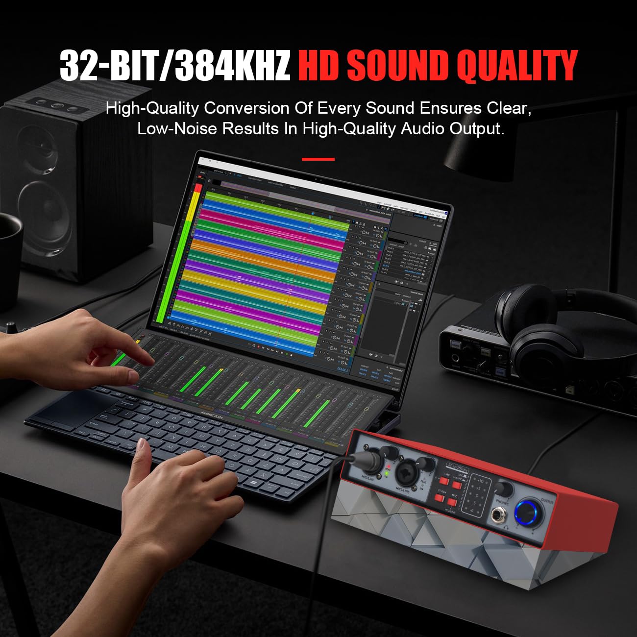 Interfaz de audio USB 2 en 2 salidas, 32 bits/384 kHz DSP, grabación de tarjeta de sonido, mezclador de audio, interfaz de audio para estudio en casa, puede conectar un micrófono de