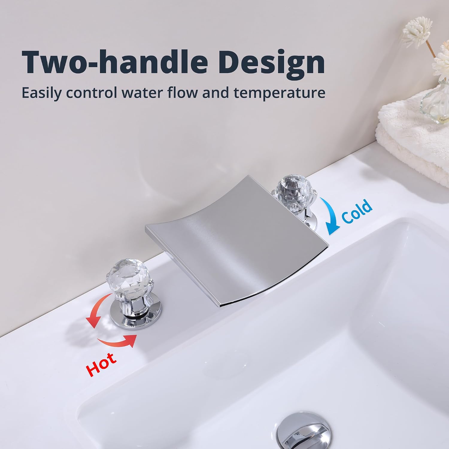 Waterfall Bathroom Faucet 3 Hole Widespread 8 Inch Bathroom Sink Faucet, Modern 2 Crystal Handles Vanity Faucet with Water Supply Hoses, Polished Chrome Finish
