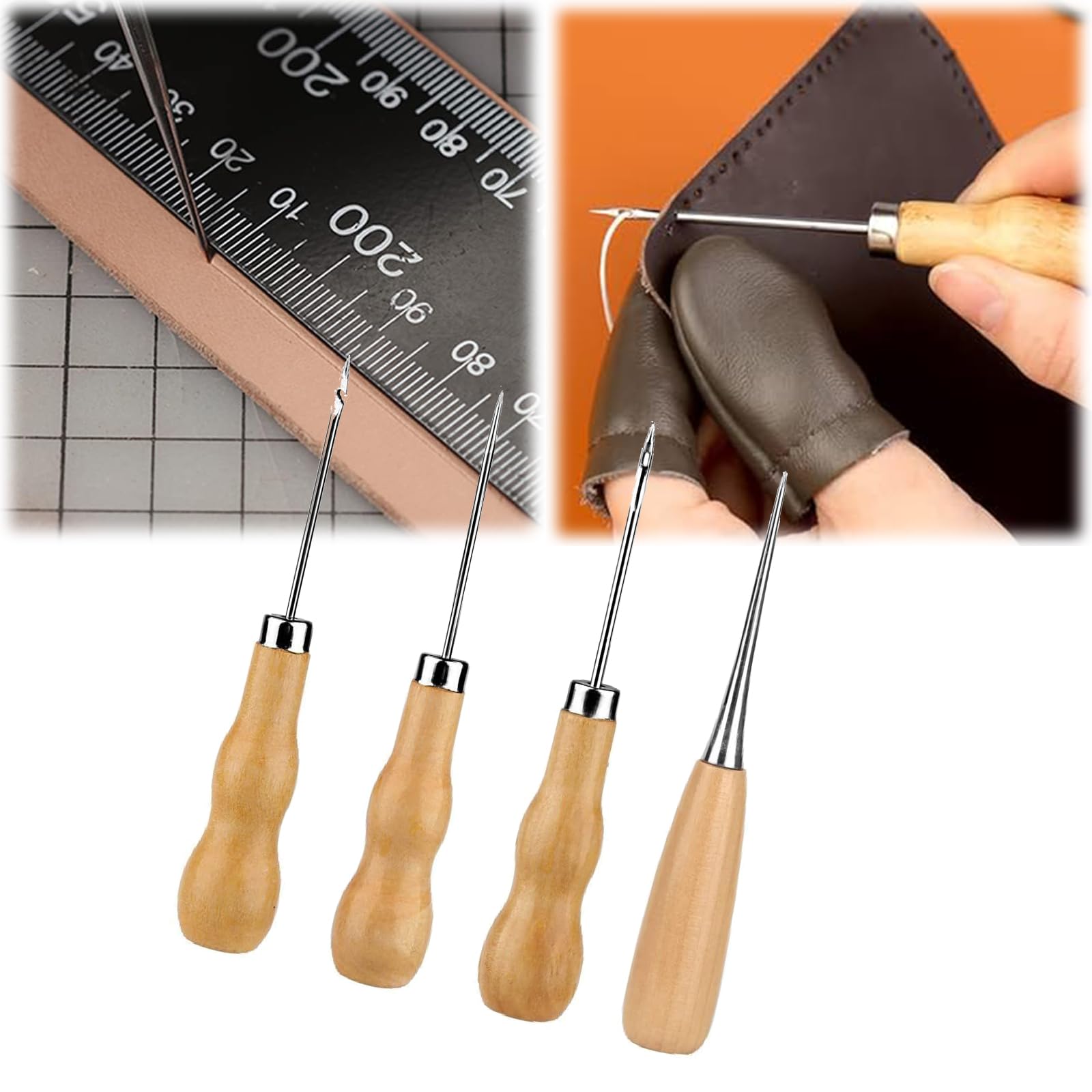4-teiliges Ahlen Set Mit Holzgriff - Vorstecher Für Leder, Stoff, Canvas, Ideal Für Nähen & Basteln