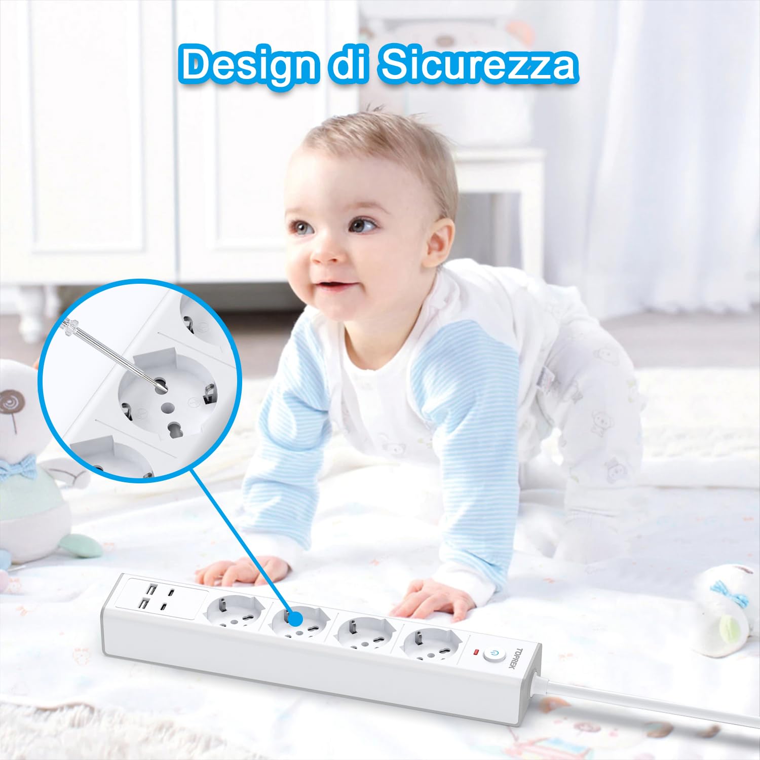 TOPREK Regleta Eléctrica con 4 Tomas Universales ITA 10/16A y Schuko y 2 USB C y 2 USB A, Enchufe Italiano 4000W/16A, Regleta con Interruptor, Cable de 2M (Equipada con 2 Abrazaderas de Plástico)