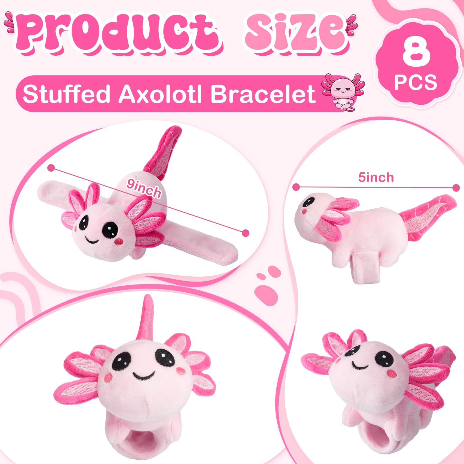 Deekin 8 Pcs 9 Inch Stuffed Axolotl Slap Bracelets Plush Axolotl Slap Band Cute Snap Bracelet Jungle Themed Huggers for Party Birthday Favor