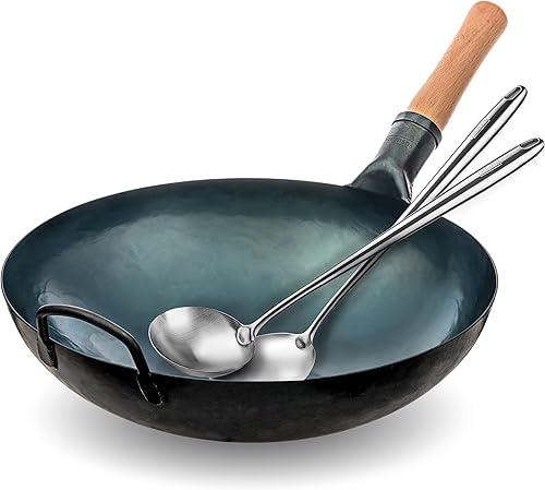 YOSUKATA Sartén para wok de fondo redondo azul – Woks y sartenes de 14 pulgadas + espátula y cucharón de 17 pulgadas – Juego de 2 herramientas de