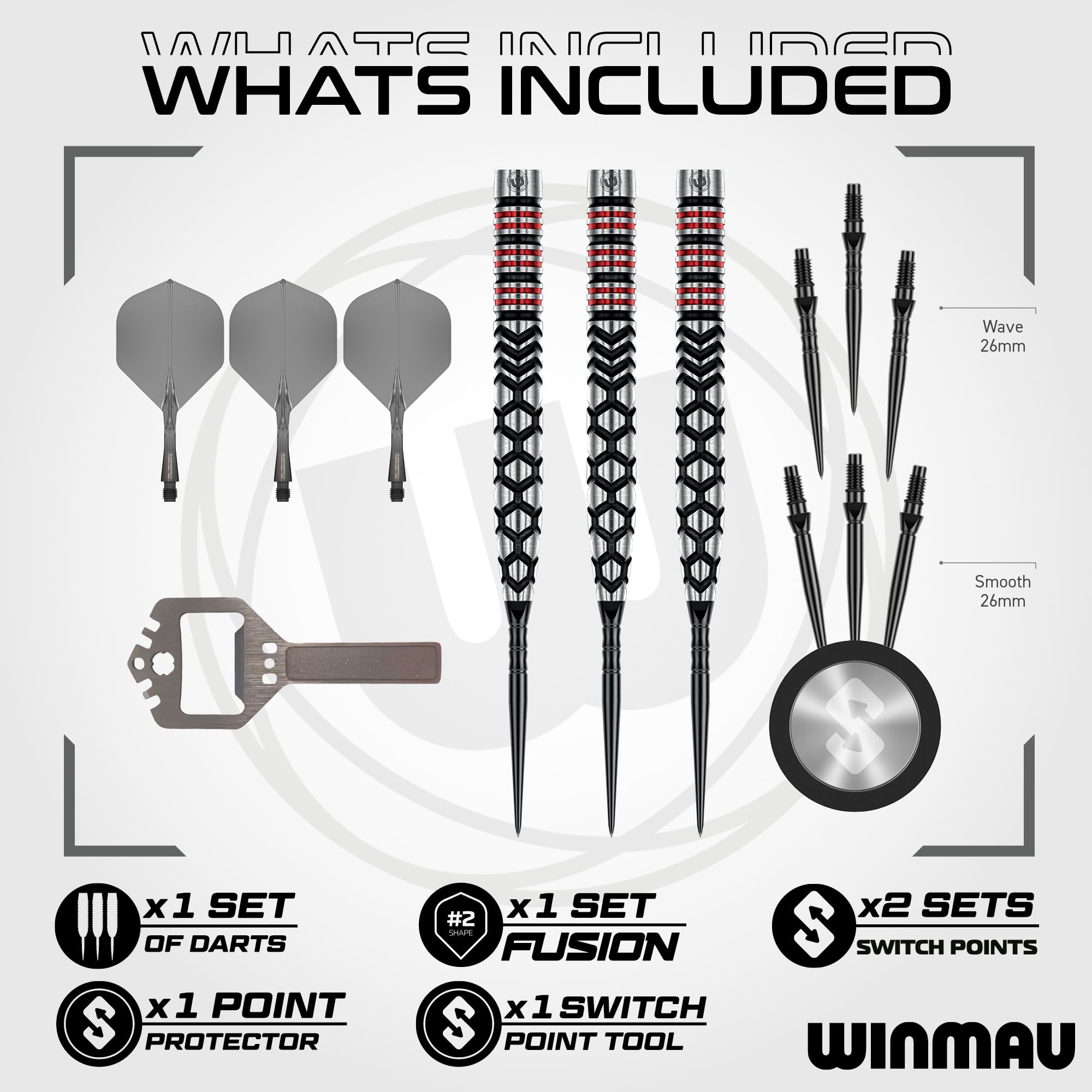 WINMAU Darts-Fornax – Set di freccette professionali al 90% in tungsteno, tecnologia Switch Point, fusti paralleli neri e rossi, 2 punti intercambiabili (onda e liscia), sistema di cambio rapido |