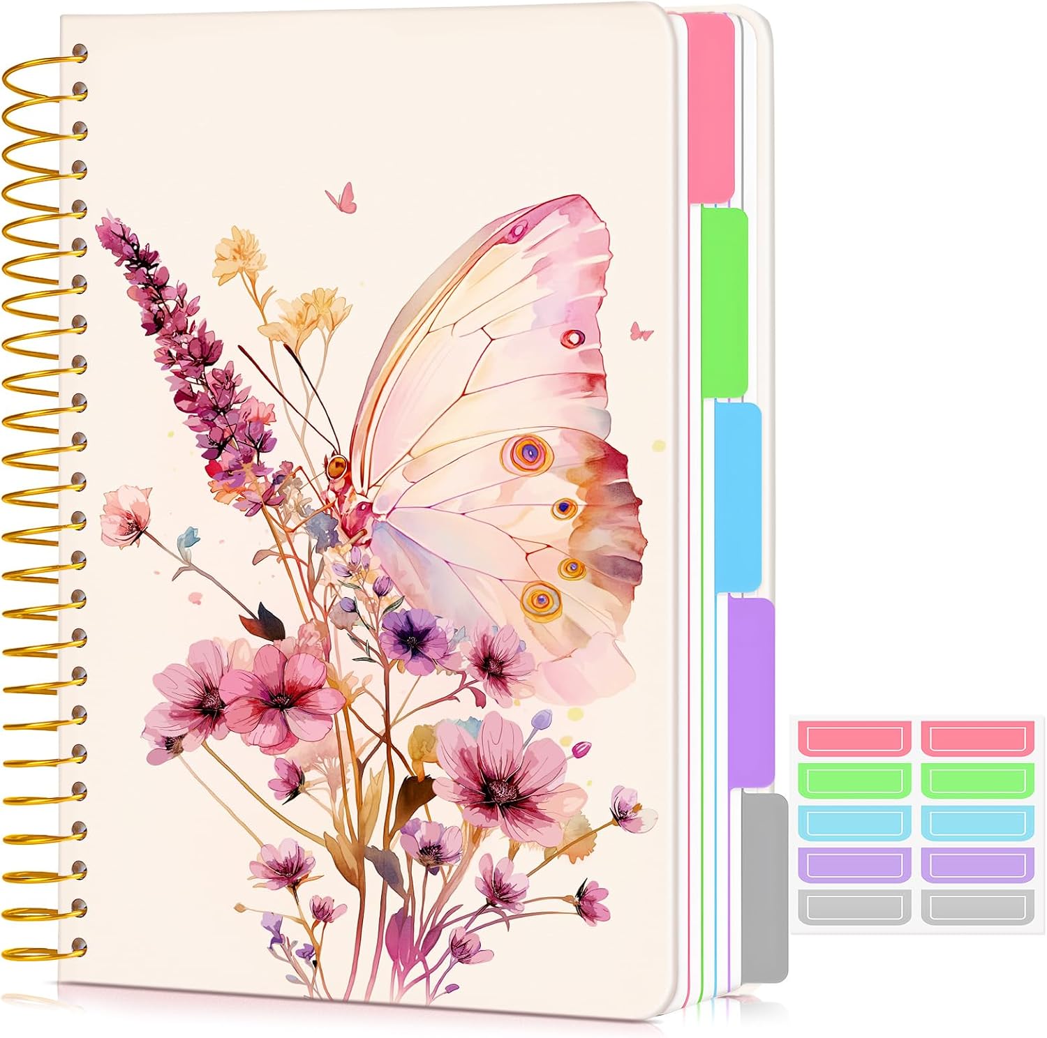 5 Subject Notebook College Ruled 240 Pages, A5(5.8"x8.3") Hardcover Spiral Notebook with Removable Dividers Tabs, Lined Spiral Journal Notebook for Women, Notebooks for Work School，ButterflyBouquet