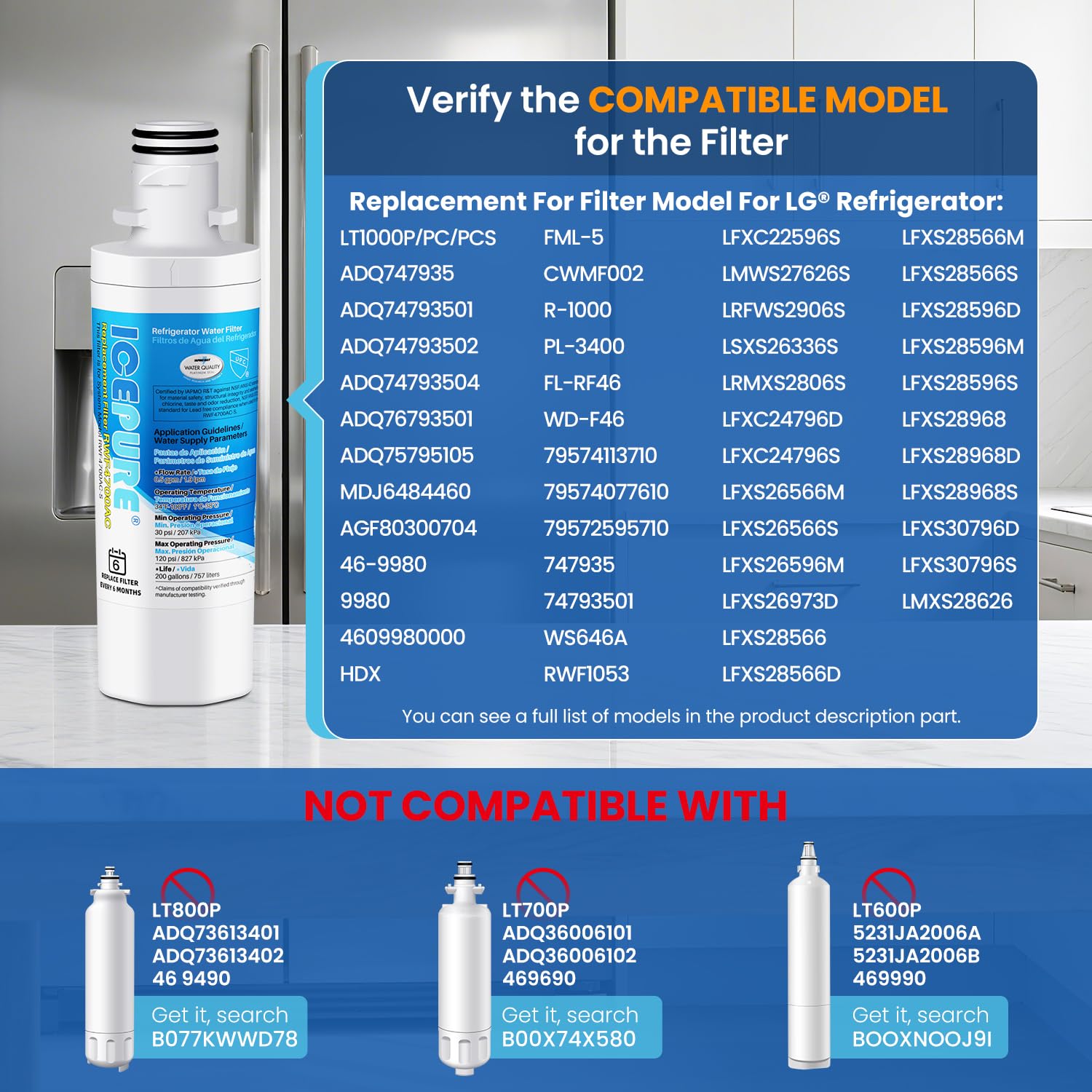 ICEPURE ADQ747935 Replacement for LG LT1000P, MDJ64844601, Kenmore Elite 9980, ADQ74793501 LT1000PC ADQ74793502, LMXS28626S, LMXC23796S, LFXS26973D Refrigerator Water and LT120F Air Filter, 3PACK - 3