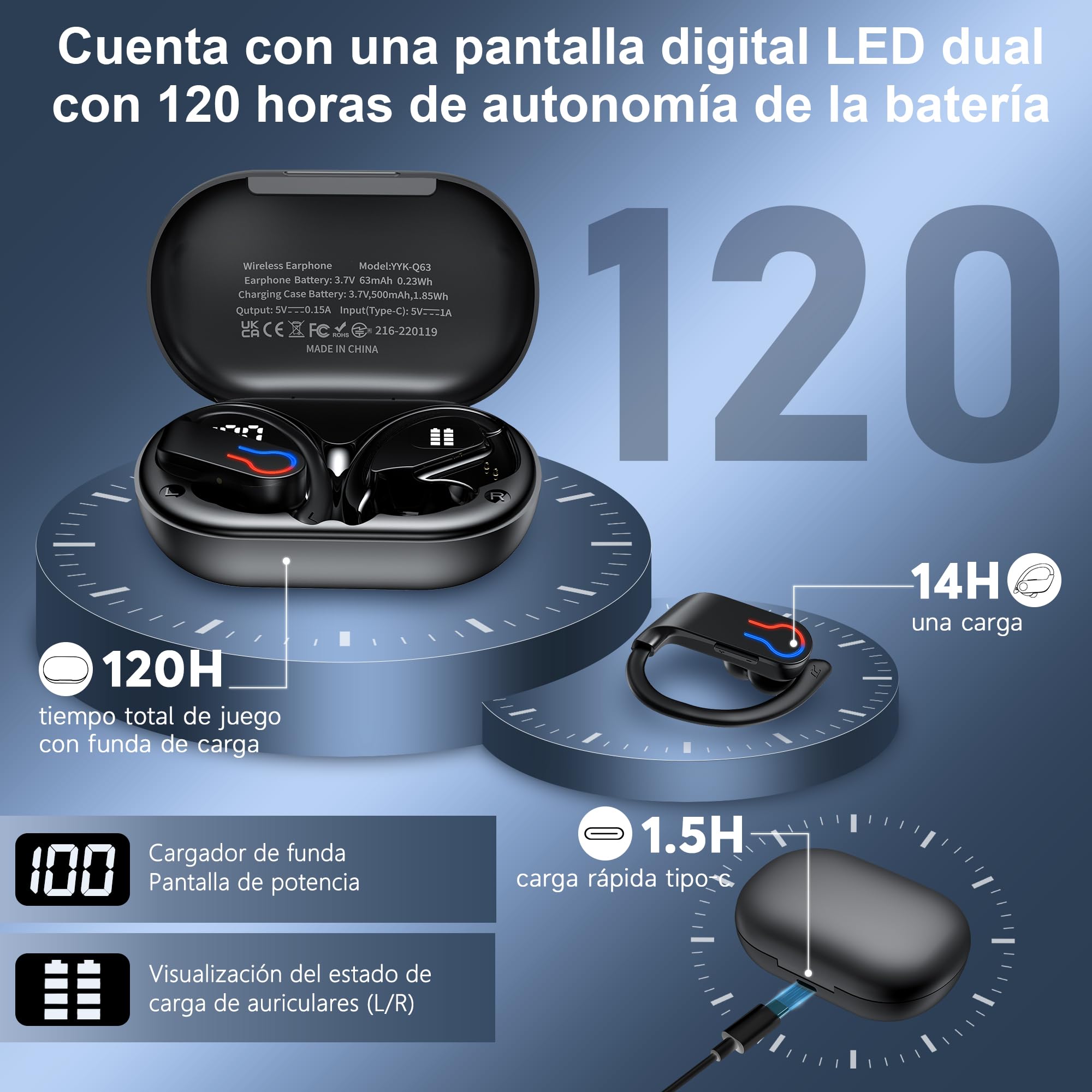 Paekole Auriculares Inalámbricos Deportivos Bluetooth 6.1 120H IPX7 | Gancho ergonómico, Pantalla LED, 120H batería, 4 mic ENC, driver 16.2mm, IPX7, botón físico, carga USB-C, ajuste seguro