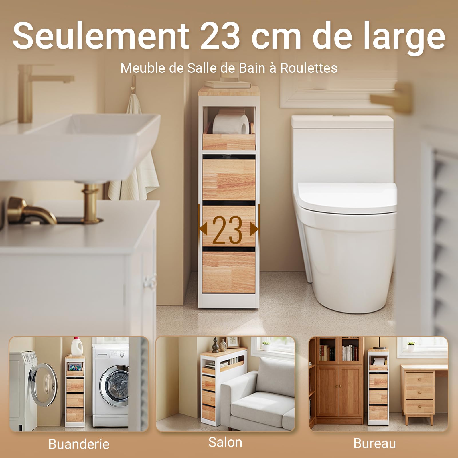 SoBuy Meuble Salle de Bain Rangement - Petit Meuble Toilette Colonne Étroite à Roulettes, 3 Tiroirs avec Plateau en Hévéa Gain de Place pour WC et Cuisine Blanc et Couleur Bois 65x23x82cm BZR54-III-WN