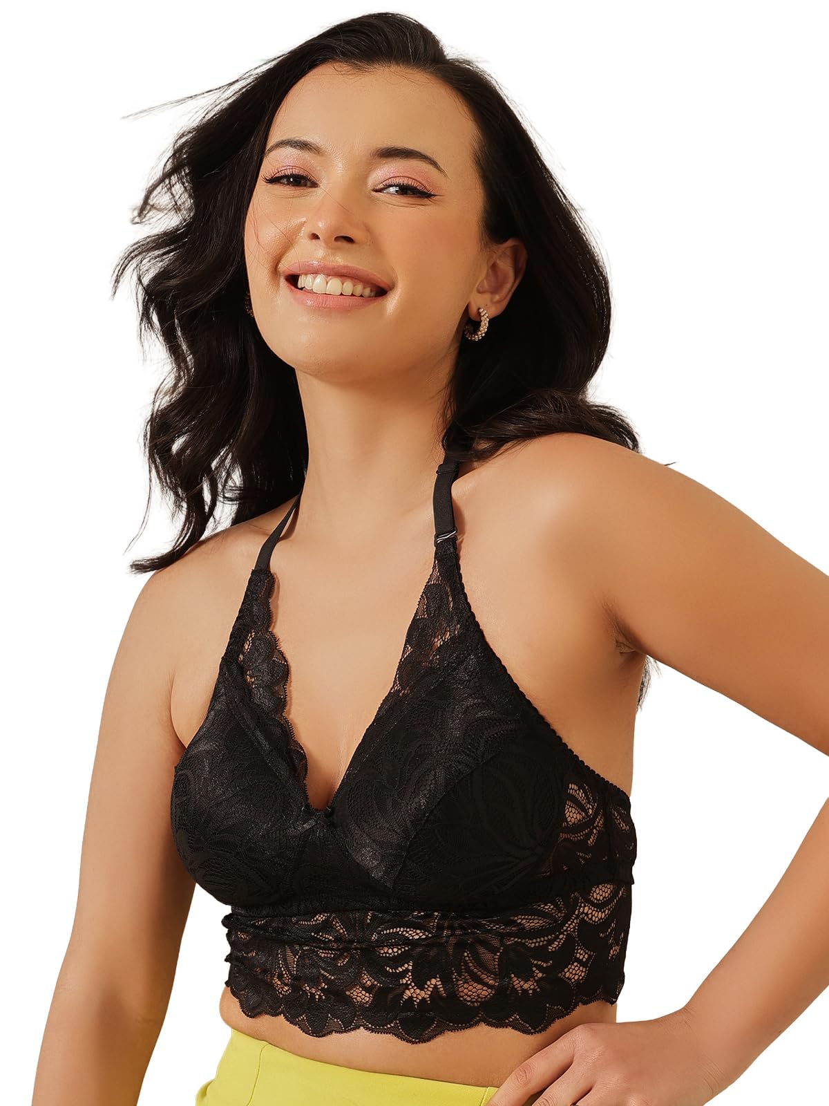 clovia Women Lace Padded Non-Wired Halter Neck Longline Bralette-picture-38