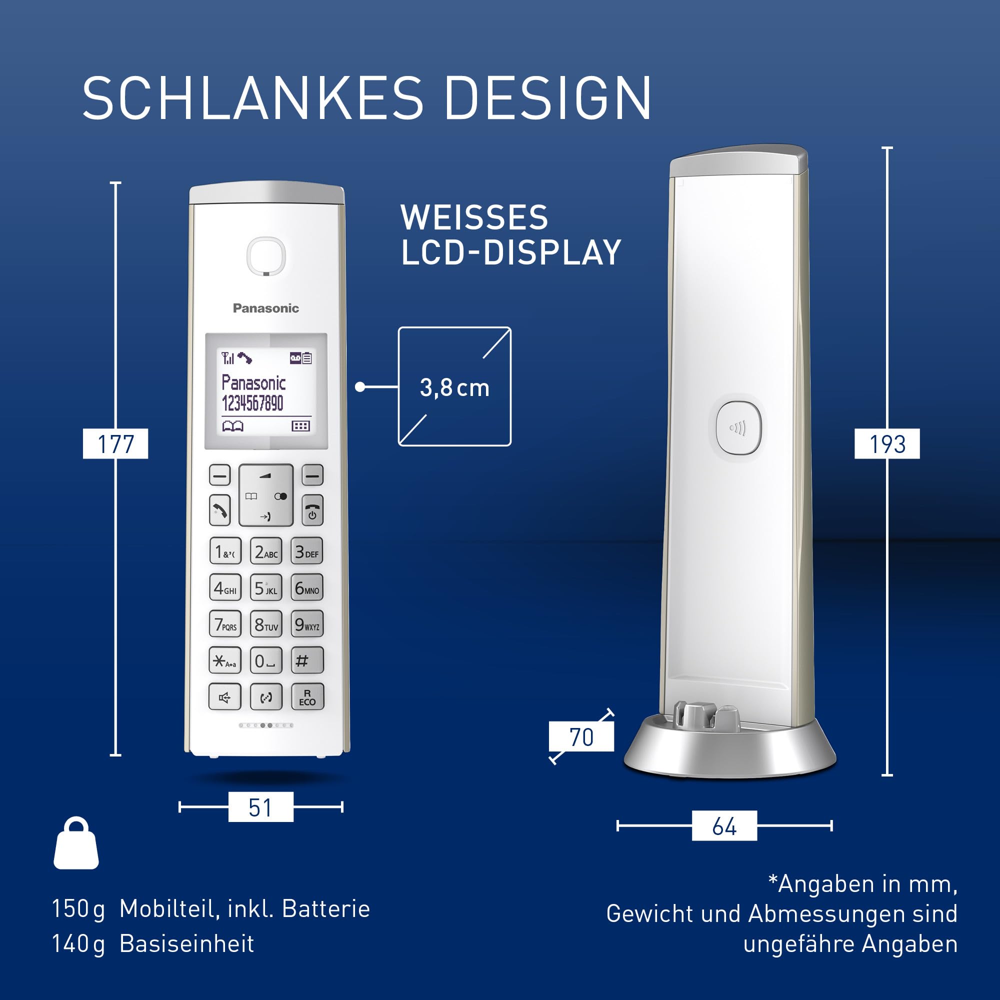 Panasonic KX-TGK220GN Design-Schnurlostelefon mit Anrufbeantworter, Station & Hörer, Freisprecheinrichtung, weißes LCD, Blockierung störender Anrufe, Hörer-Magnet, Champagnergold