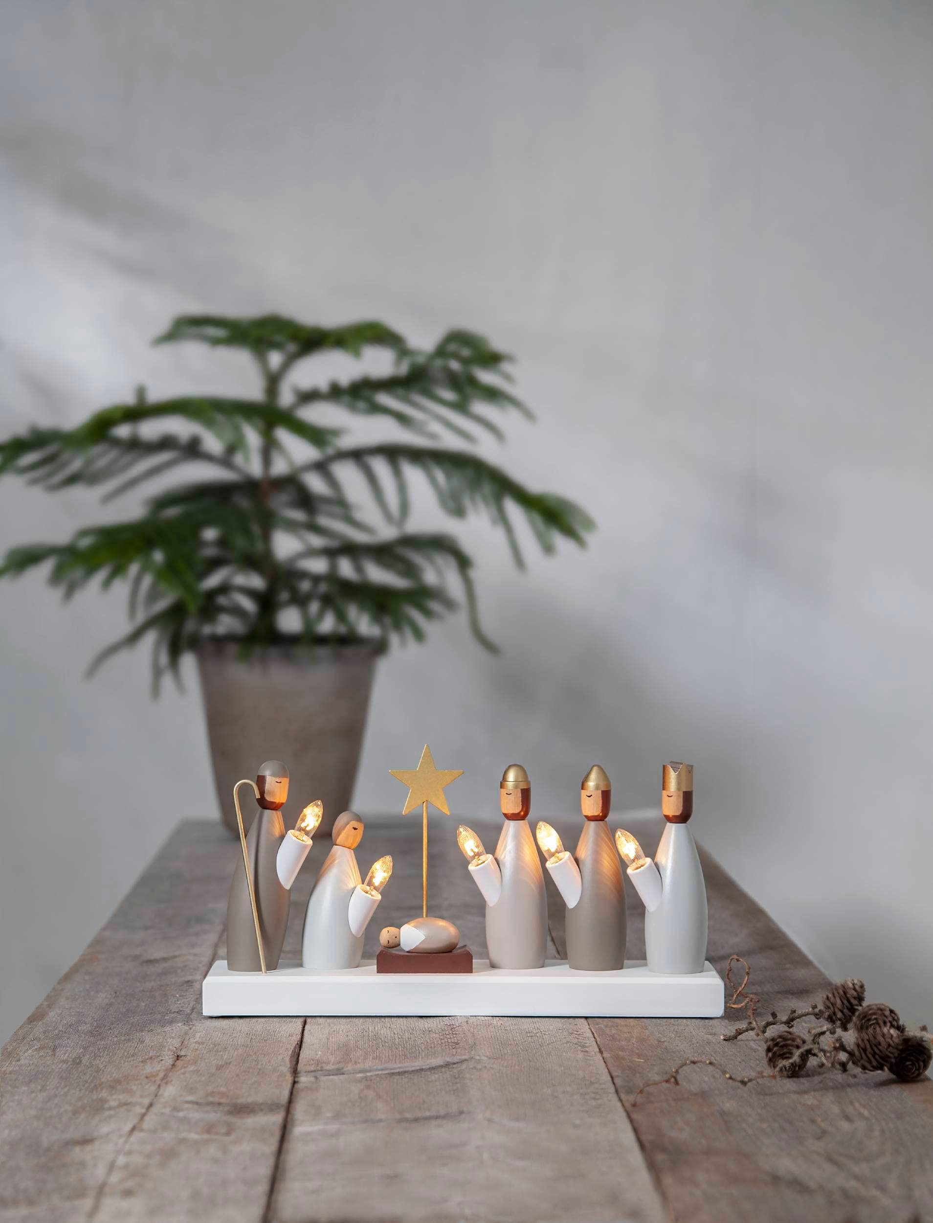 EGLO Lanterne de Noël avec 5 ampoules, chandelier de fenêtre avec | personnages de crèche en bois éclairés, arche de Noël avec câble, E10, blanc chaud