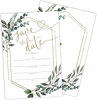 Luixd Save The Date Wedding Invitations - Greenery & Golden Geometry, 25 Fill-in Invites with Envelopes for Elegant Mr & Mrs Celebrations