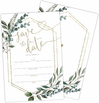 Save The Date Wedding Invitations, Greenery & Golden Geometry, 25 Wedding Invites With Envelopes, Fill In Style Invites For Mr & Mrs Celebration, Party Favor & Supplies - A05