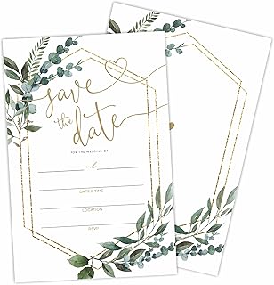 Save The Date Wedding Invitations, Greenery & Golden Geometry, 25 Wedding Invites With Envelopes, Fill In Style Invites For Mr & Mrs Celebration, Party Favor & Supplies - A05