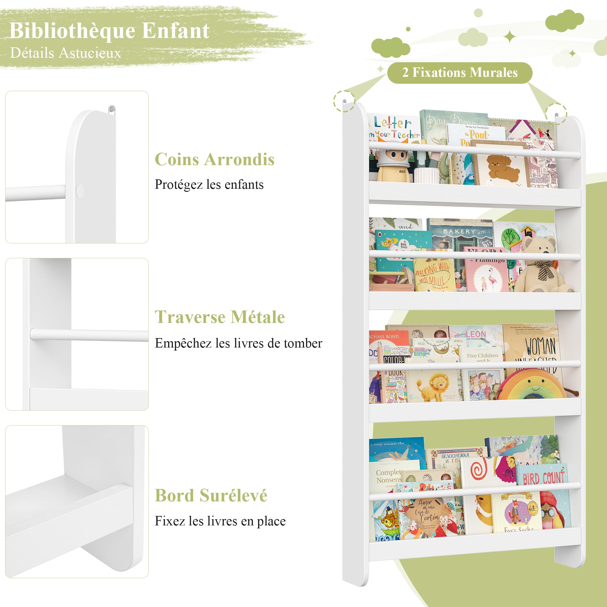 FOREHILL Bibliotheque Enfant, Bibliothèque Murale avec 4 Étagères, Etagere Murale, Rangement Livre Jouets pour Chambre d'enfants Salle de Jeux, Blanc 58x12x111cm