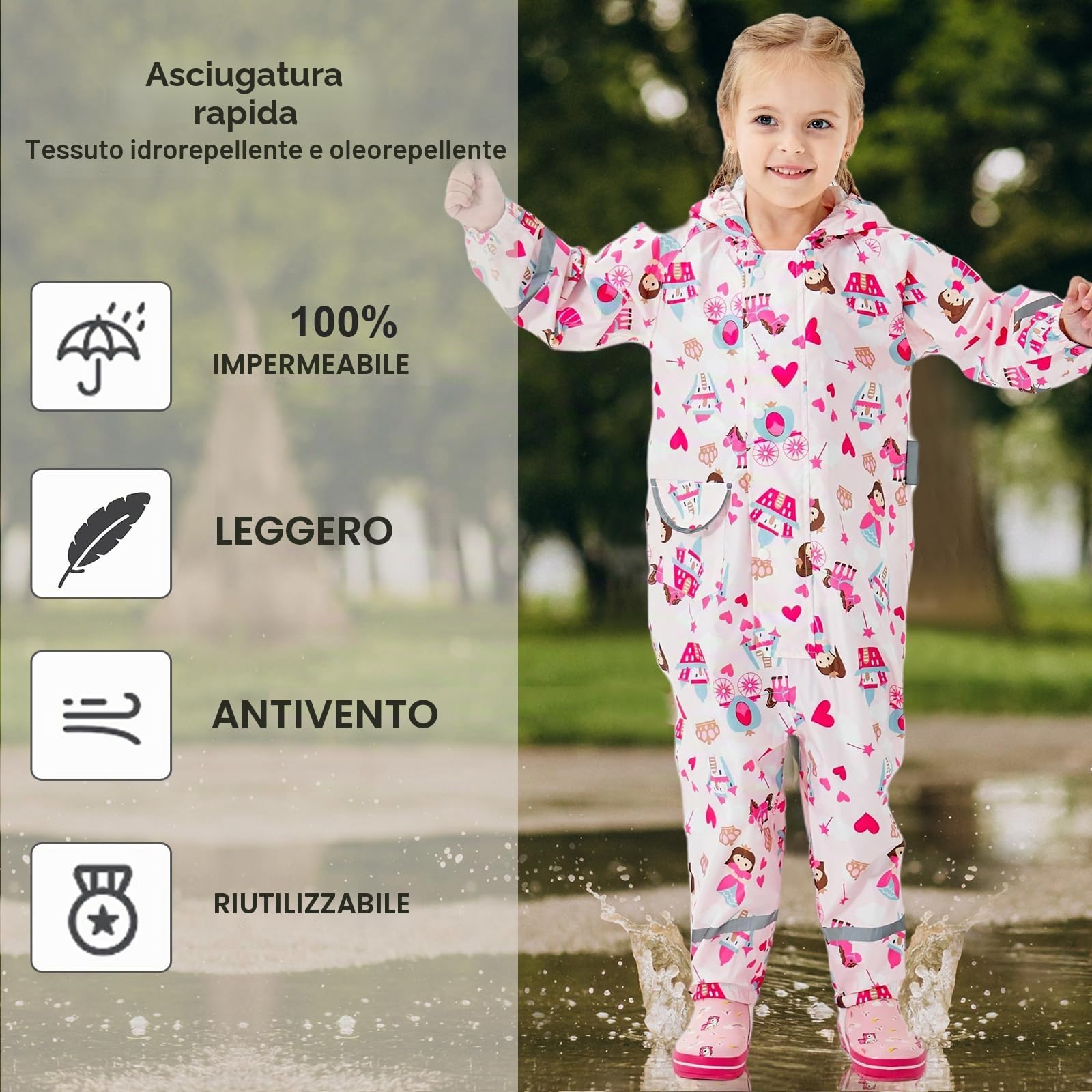 Bambini Impermeabile Ragazzi Ragazze Tuta da Pioggia Leggero Tutto in Uno Giacche Stampe Cartone Tutina Giacca da Pioggia Poncho Portatile 1-10 Anni