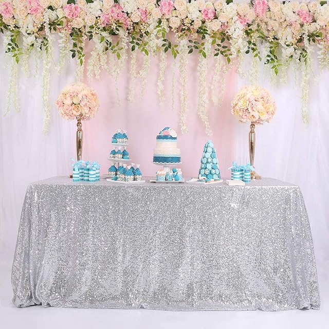 TRLYC Sequin Tablecloth - 90×90 Inch Silver Square Shimmer Table Cover for Party Wedding Home Decoration