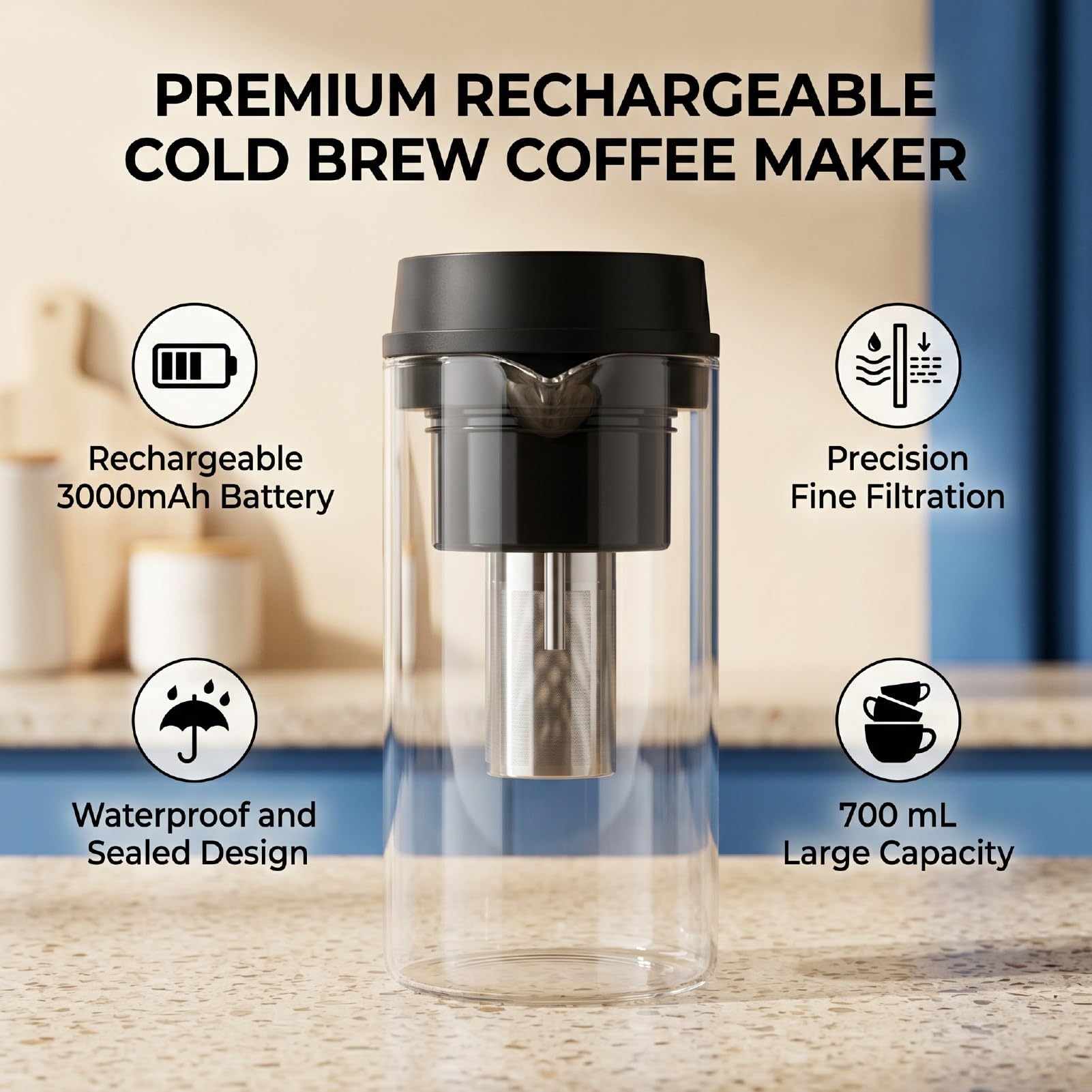 Luocute Fría de 700 Ml, Máquina de Hielo Recargable a Prueba de Fugas | con bomba de alta presión y filtro fino para oficina en casa negro