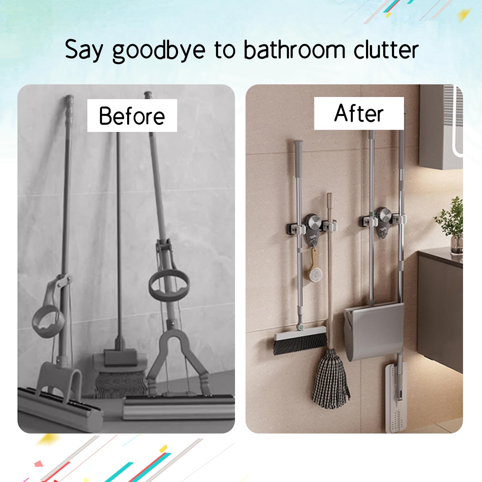 Dercyce Broom Holder Mop Hanger No Punch Broom Hanger, Wall Mount Mop Holder with Suction Cups & Hooks Space-Saving Organizer for Home, Garage, Laundry Room (Black)