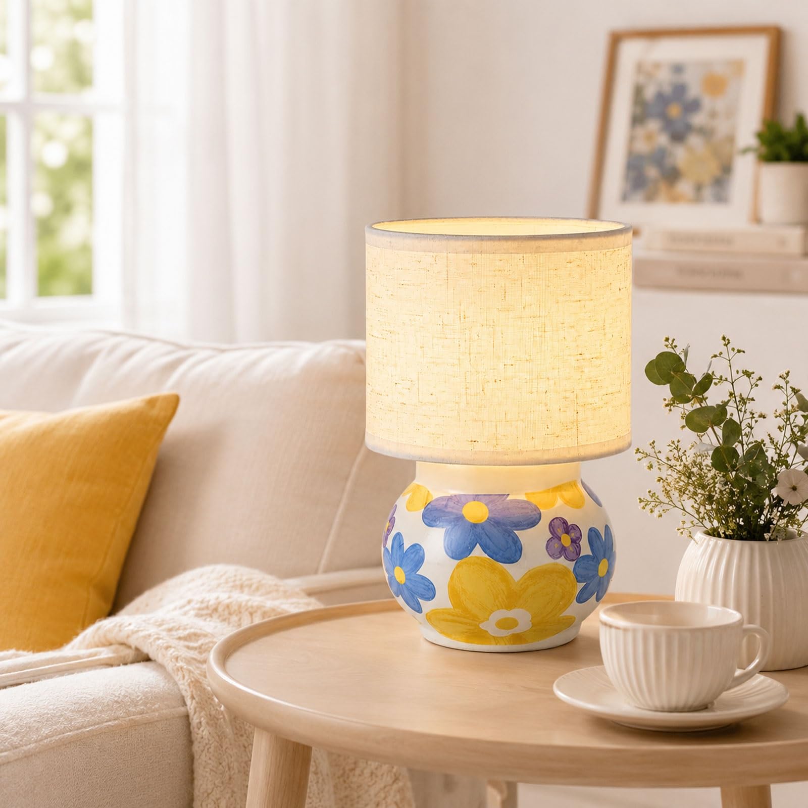 Ceramiczna lampa stołowa w kwiaty o przekątnej 7,9 cala, mała lampka nocna z abażurem z tkaniny