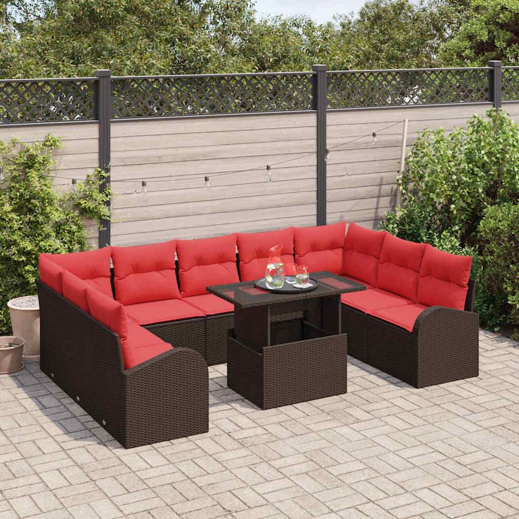 Ensemble de Canapé de Jardin 10 Pcs en Poly Rotin Marron | Salon de Jardin Modulable 9 Places avec Table Réglable en Hauteur et Cousins Rembourrés | Idéal pour Grande Terrasse et Patio