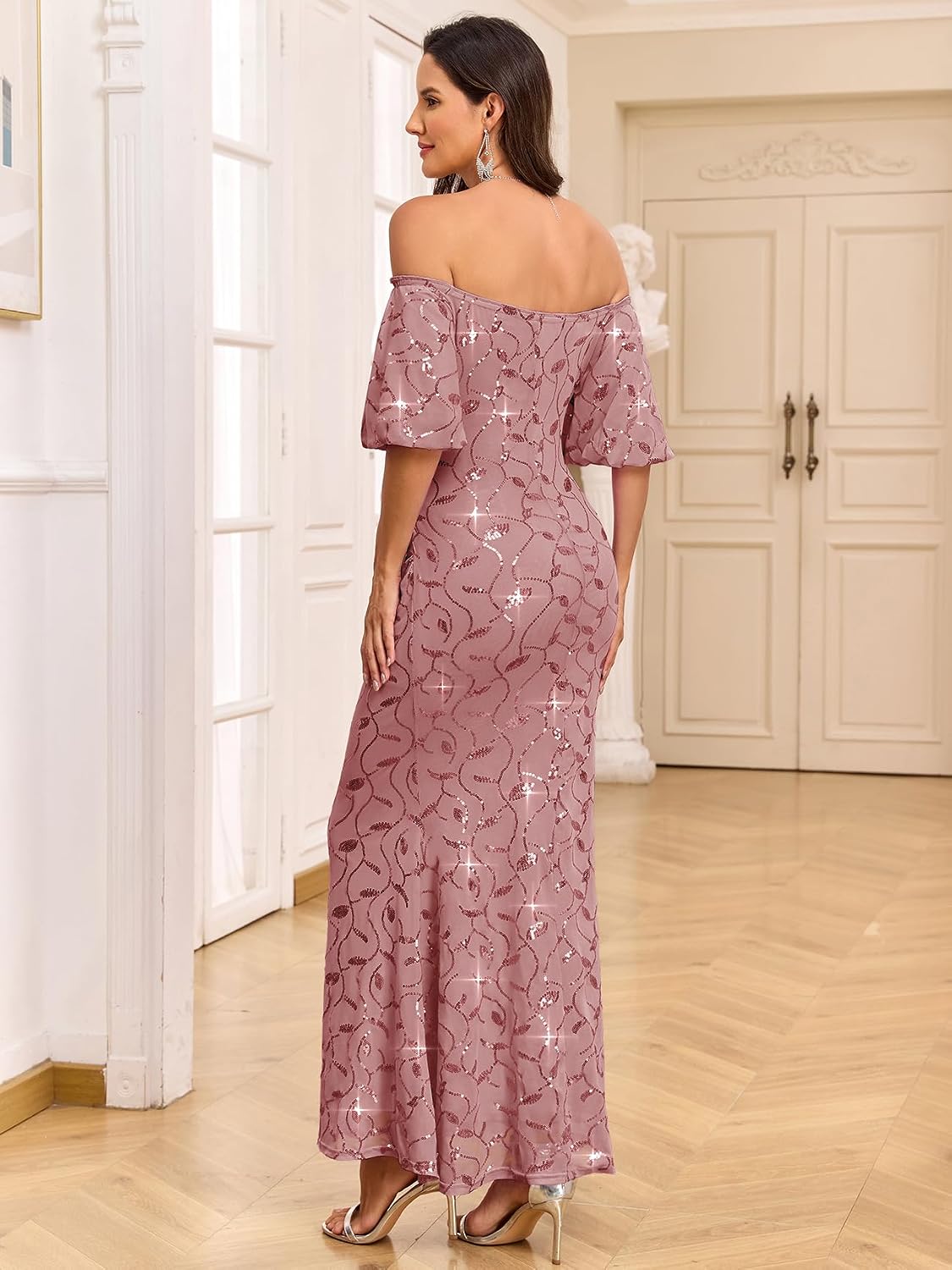 CYCLAMEN Off-Shoulder Sequin Maternity Evening Gown Puff Sleeves Formal Mermaid Maxi Dress for Baby Shower Photoshoot