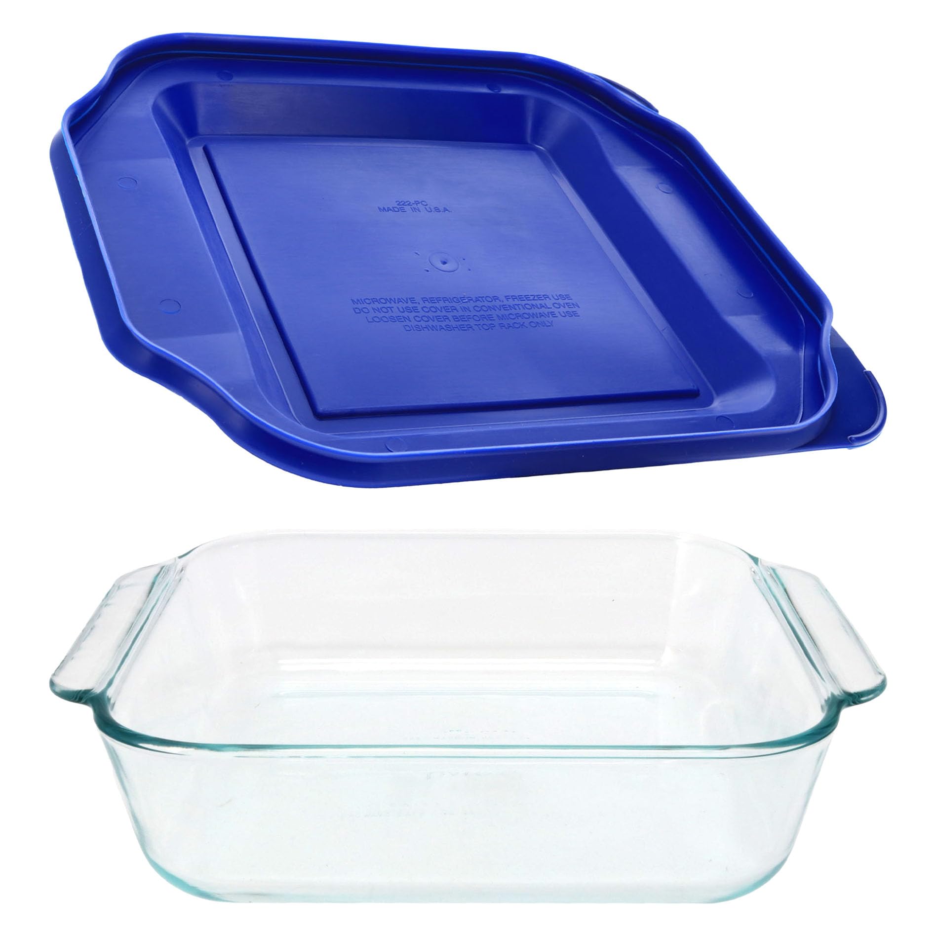 Pyrex 222-D 2,5 Qt tiefe Glas-Backform und 222-teiliges blaues Deckel, hergestellt in den USA