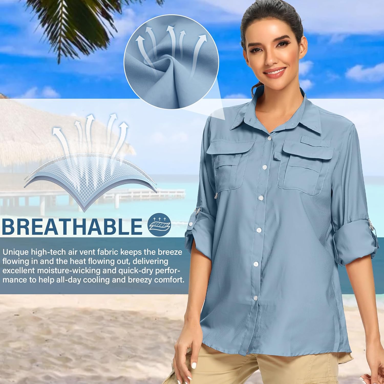 Women's UPF 50 Long Sleeve UV Sun Protection Safari Shirts Outdoor Quick Dry Fishing Hiking Travel Shirts - Image 8