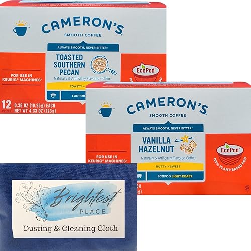 Paquete variado de cápsulas ecológicas K-Cup de café con nuez de nuez de nuez y nuez con paño Brightest Place Clean Up y 2 cajas de café Cameron en