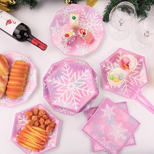 Miniatura 5 de Sirve 24 platos de papel de copo de nieve de Navidad, servilletas de almuerzo rosa de nieve de invierno, juego de vajilla desechable de copo de